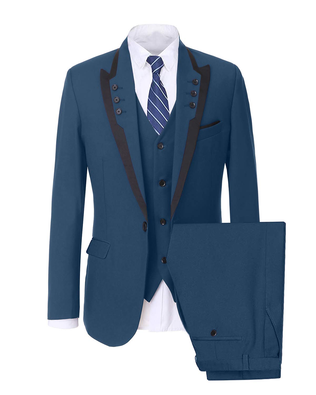 GATMSTZ Men's Slim Fit 3-Piece Business Suit Set - Blue One Button Blazer, Vest & Formal Pants for Office, Wedding & Professional Events