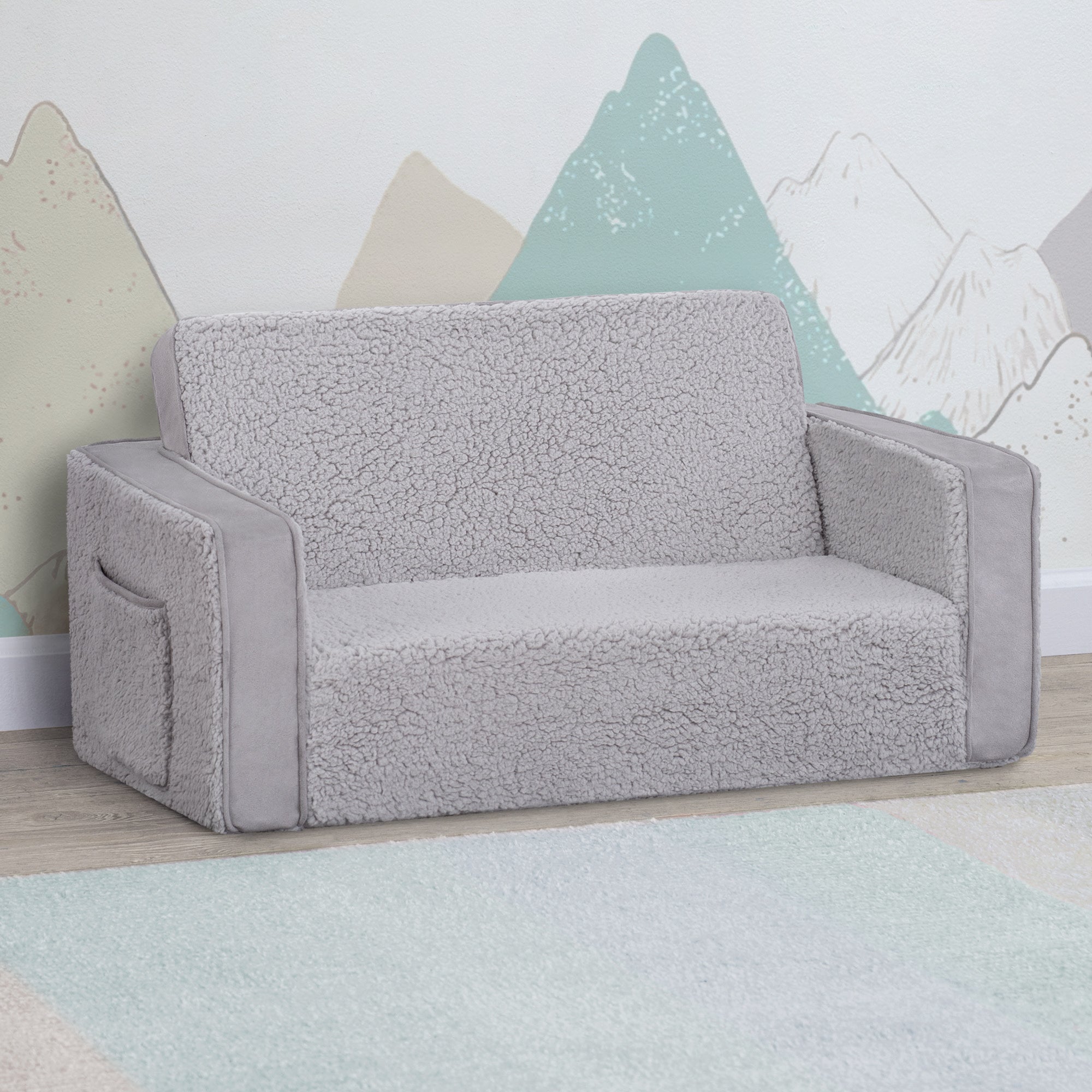 Cozy Flip Out Sherpa & Suede 2-in-1 Convertible Kids Sofa to Lounger - Perfect for Playrooms, Bedrooms & Small Spaces