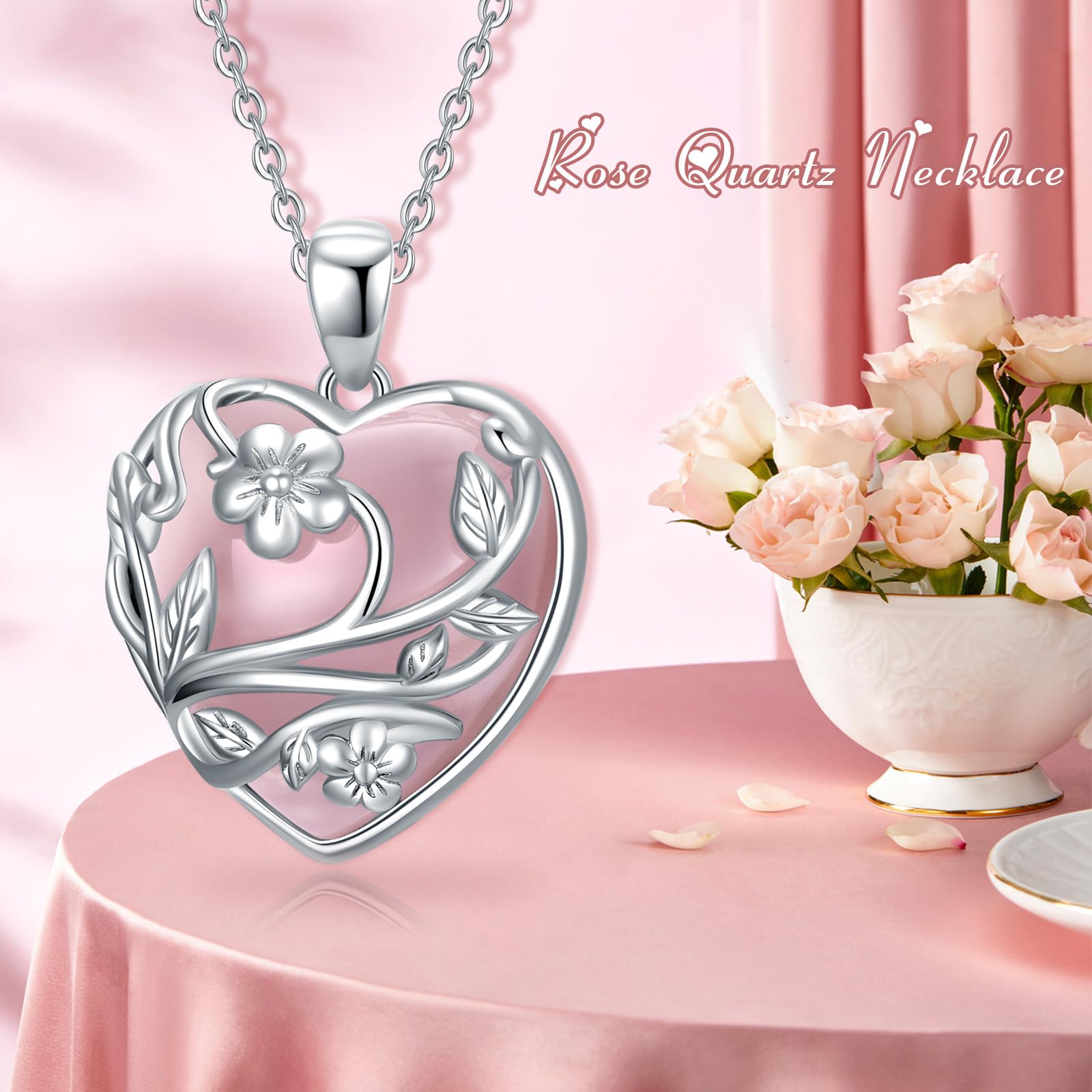 YFN Rose Quartz Necklace - Sterling Silver Heart Pendant with Natural Flower Crystal Stone, Elegant Jewelry Gift for Women, Teens & Girls | Perfect for Birthdays, Anniversaries & Everyday Wear