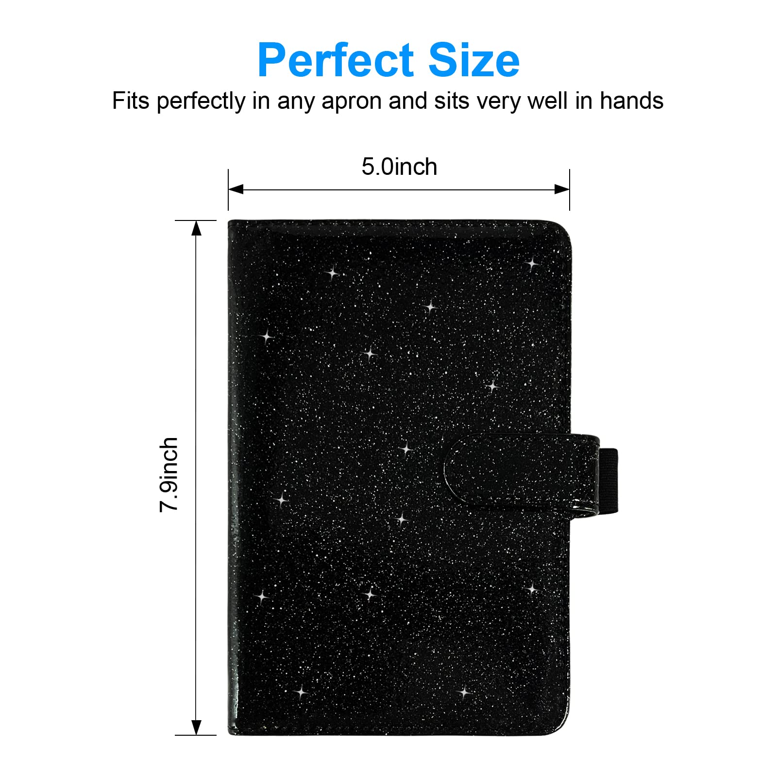 Leather Waiter Book Organizer with Zipper Pocket & Pen Holder - Bling Waitress Money Wallet for Restaurant Staff - Glitter Black Server Book - Perfect for Waitress Tips, Order Tracking & Cash Management