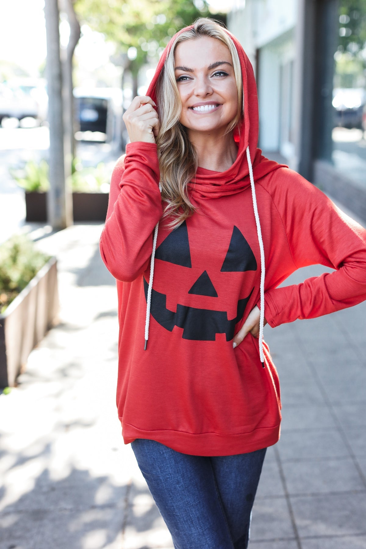 Orange Jack O'Lantern French Terry Thumb Hole Double Hoodie - Halloween Pumpkin Pullover Sweatshirt for Fall & Winter Cozy Outfits