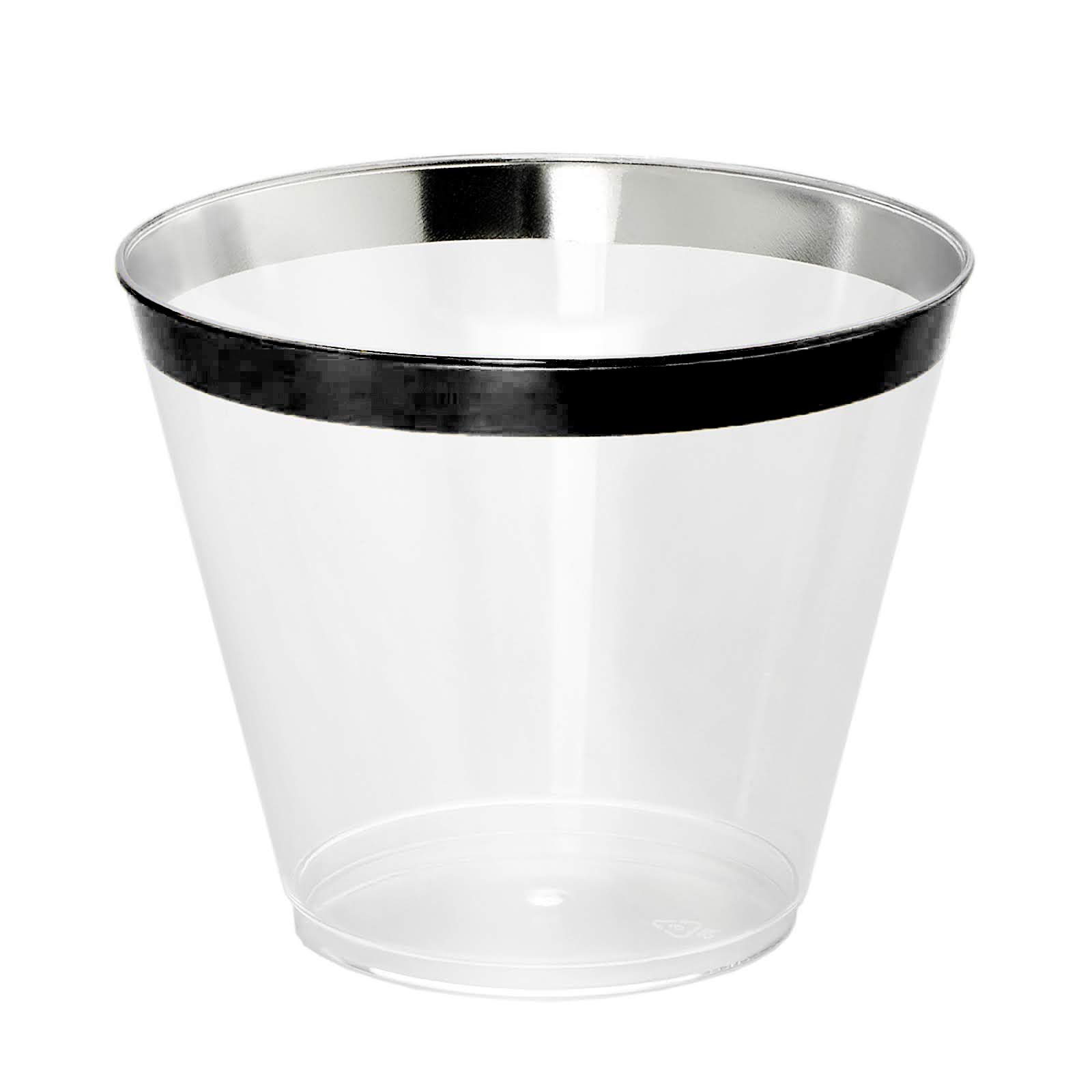 100-Pack Black Rimmed 9oz Plastic Cups with Silver Ice Tong Set - Disposable Cocktail & Wine Glasses for Parties, Weddings, BBQs, and Events - Elegant Drinkware for Home Entertaining and Special Occasions