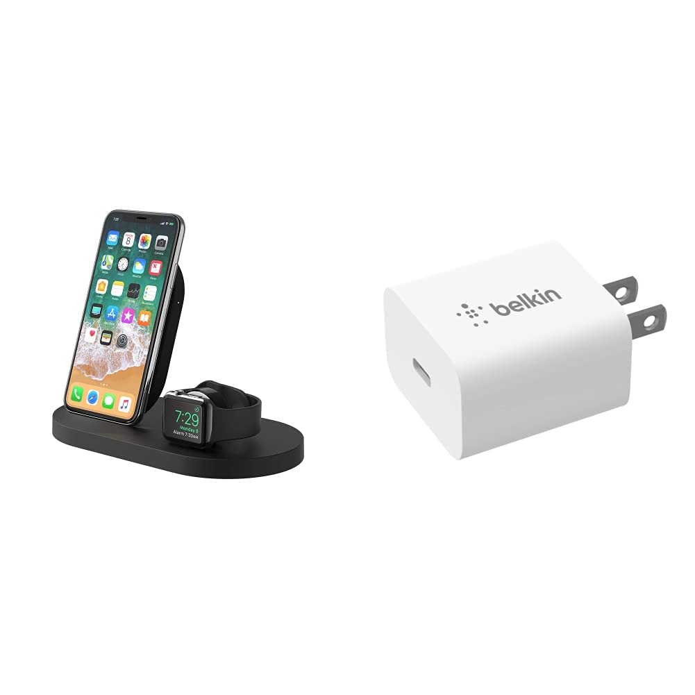 Belkin Boost Up Wireless Charging Dock for iPhone & Apple Watch with 20W USB-C PD Fast Wall Charger - Ultra Compact Type C Charging Block (Black) | Perfect for Home, Office & Travel Charging Station