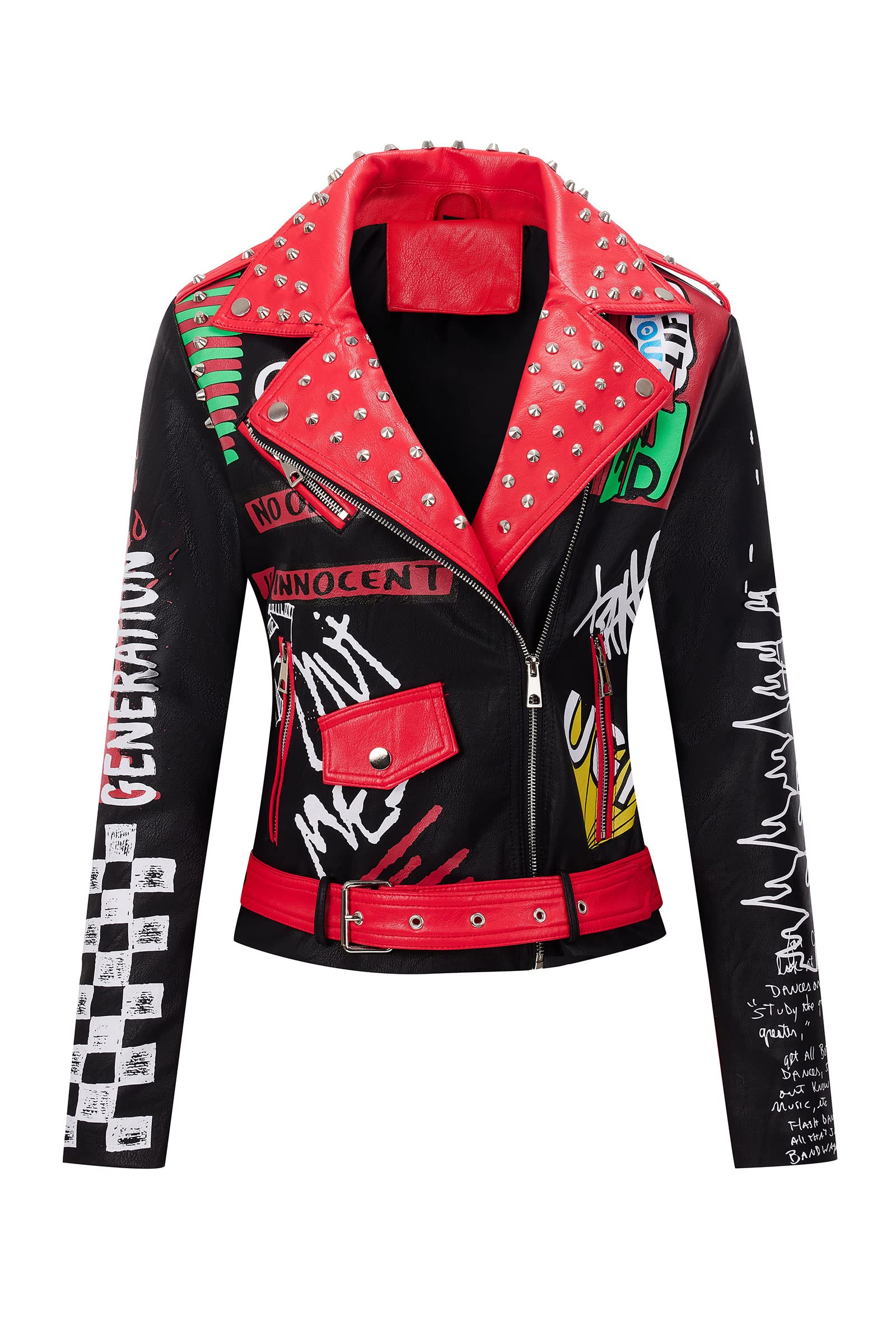 RISISSIDA Women's Faux Leather Jacket with Studs & Rivets - Trendy Moto Biker Jacket for Spring, Fall & Winter - Streetwear Fashion with Belt - Perfect for Casual Outings, Nightlife & Motorcycle Riding