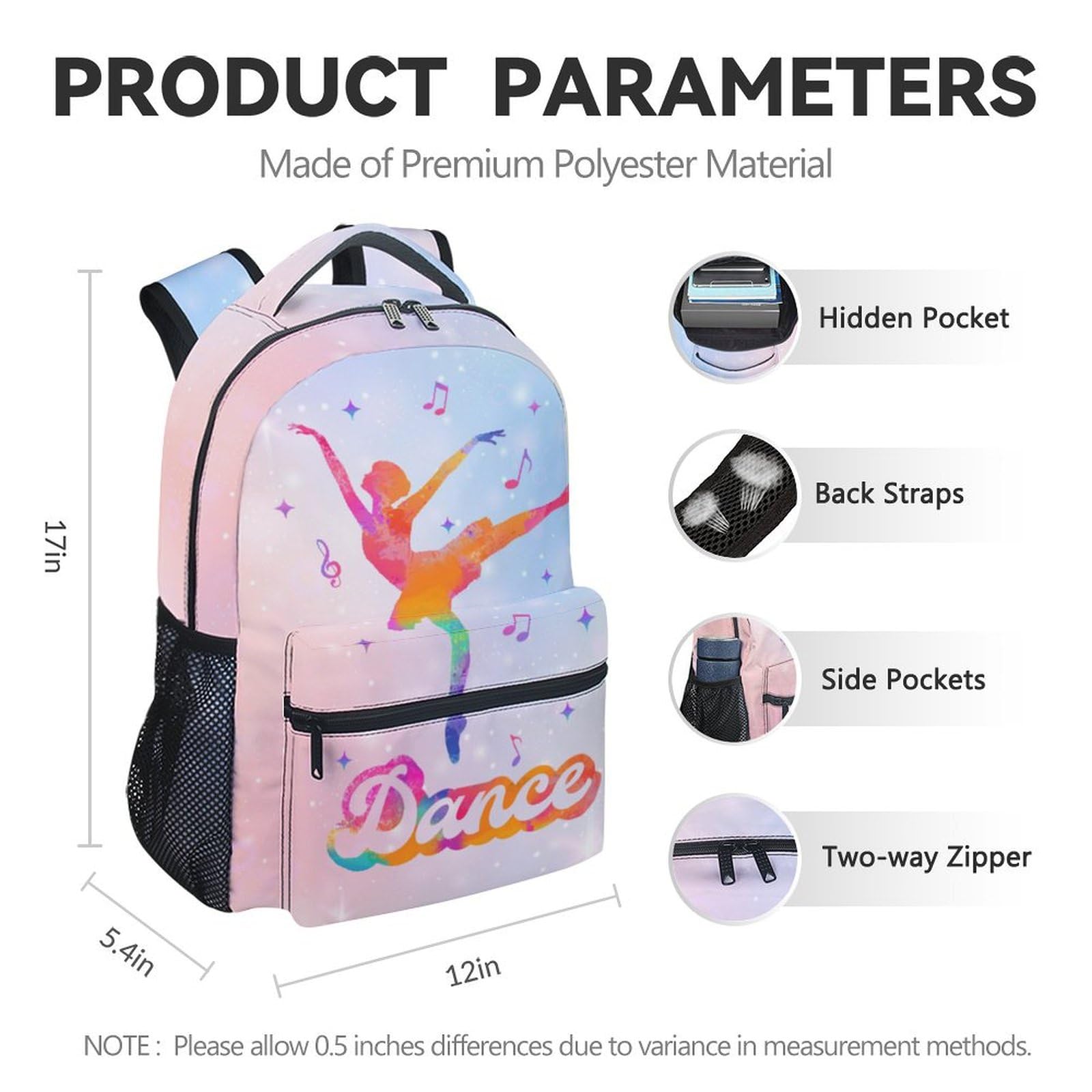 **Cute 17 Inch Lightweight School Backpack for Girls 10-12 - Colorful Dance Bookbag for Kids, Perfect for School, Dance Class & Travel**