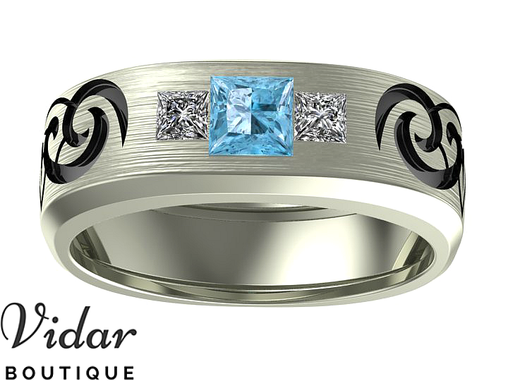 Handcrafted Tribal Men's Aquamarine Wedding Band - Sterling Silver or Tungsten Carbide - Perfect for Engagement, Anniversary & Special Occasions