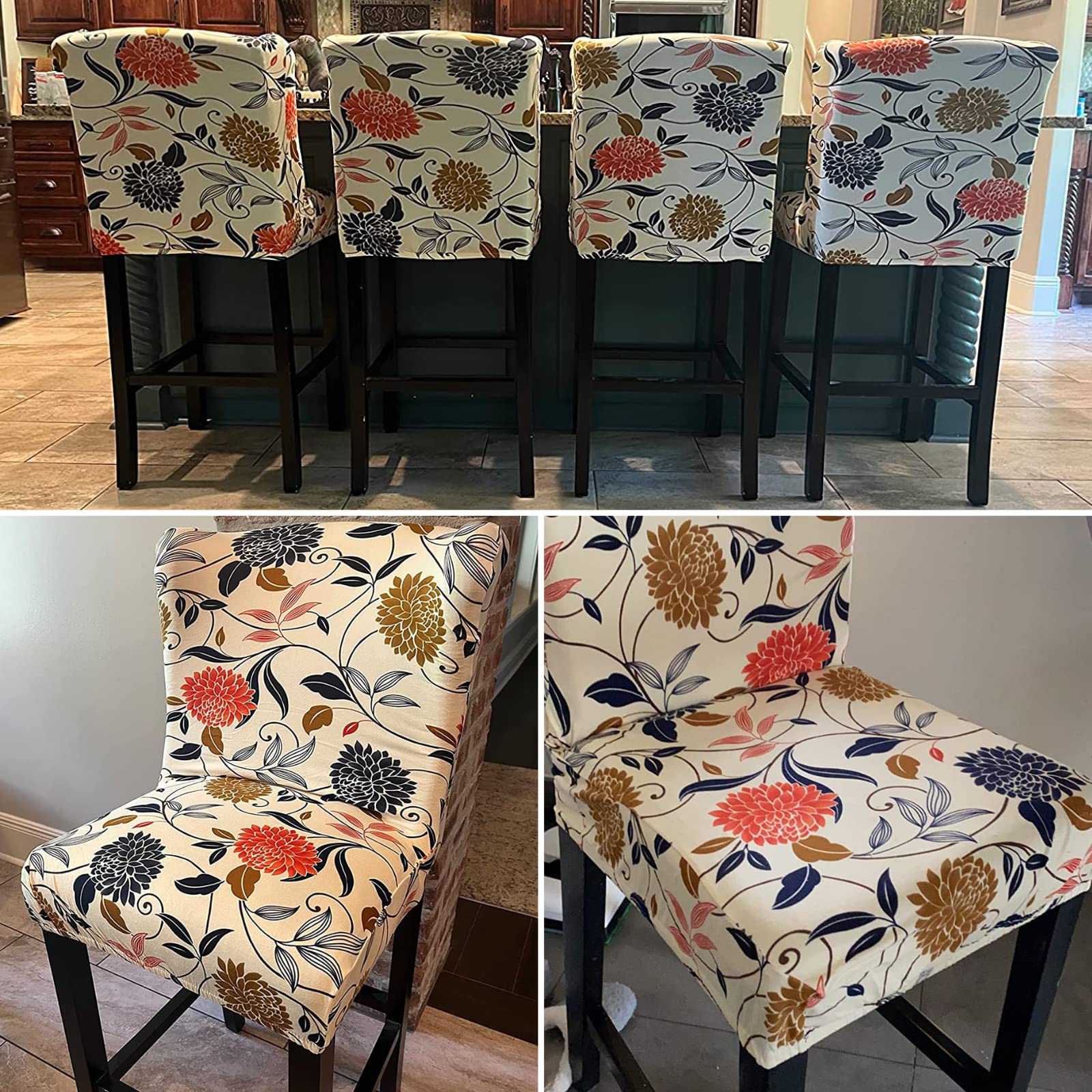 Stretch Washable Bar Stool Covers Set of 2 - Counter Height Chair Seat Covers for Kitchen, Dining Room & Cafe - Orange Floral Design - Perfect for Home Decor & Restaurant Use