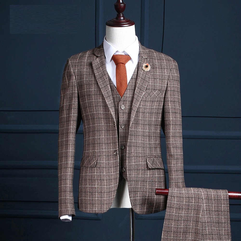 Men's 3-Piece Gangster Pinstripe Checkered Suit Set - Classic Fit Single Breasted Blazer & Flat Front Pants for Formal Events, Weddings & Vintage Style