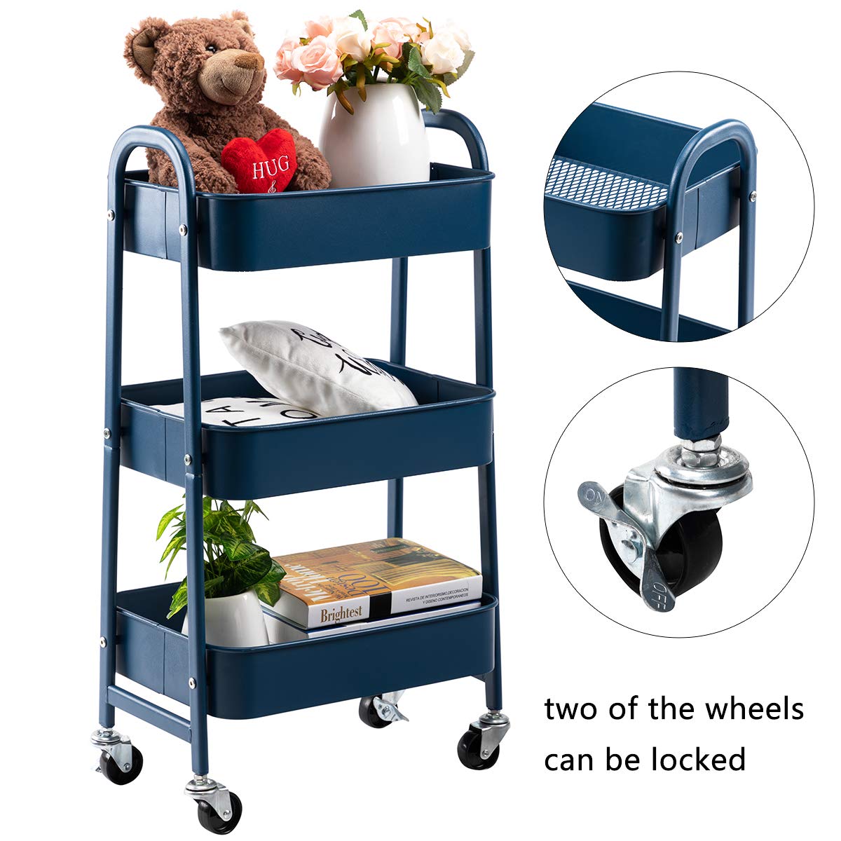 AGTEK Makeup Cart with Wheels - 3-Tier Rolling Organizer & Metal Utility Cart in Navy Blue for Salon, Home, or Professional Makeup Artists