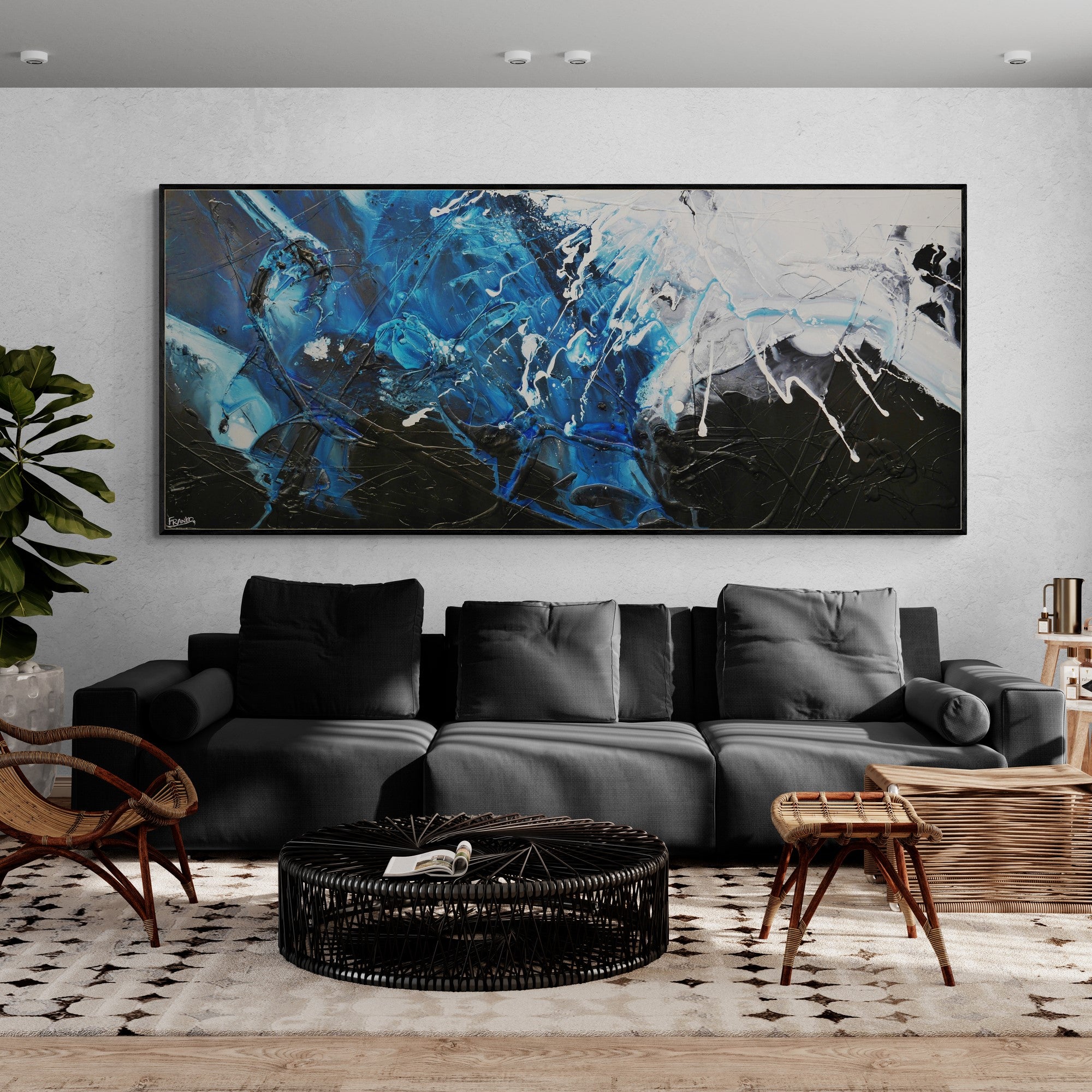 270cm x 120cm Black Blue White Textured Abstract Canvas Wall Art - Modern Large Painting for Living Room, Bedroom & Office Decor
