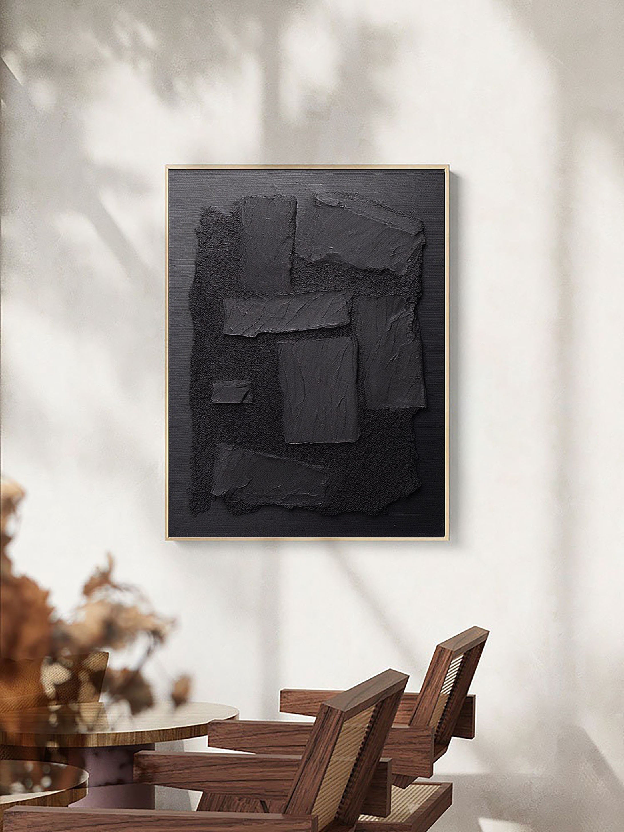 Black Plaster Art Minimalist Textured Painting - Modern Abstract Wall Decor for Living Room, Bedroom & Office | Contemporary Home Decor | #MZ033