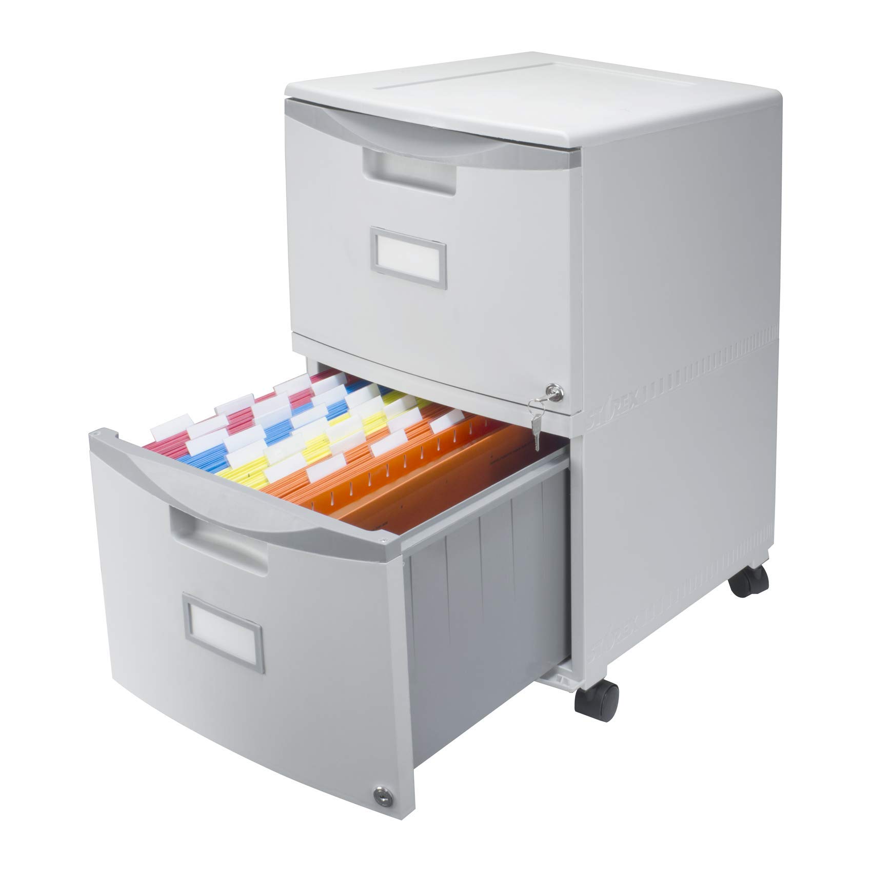 Storex Plastic Two-Drawer File Cabinet with Locking Mechanism - Mobile Document Organizer with Casters for Home Office Organization, Gray, 1-Pack (61310B01C) - Perfect for Storing Legal Files, Tax Documents & Office Supplies