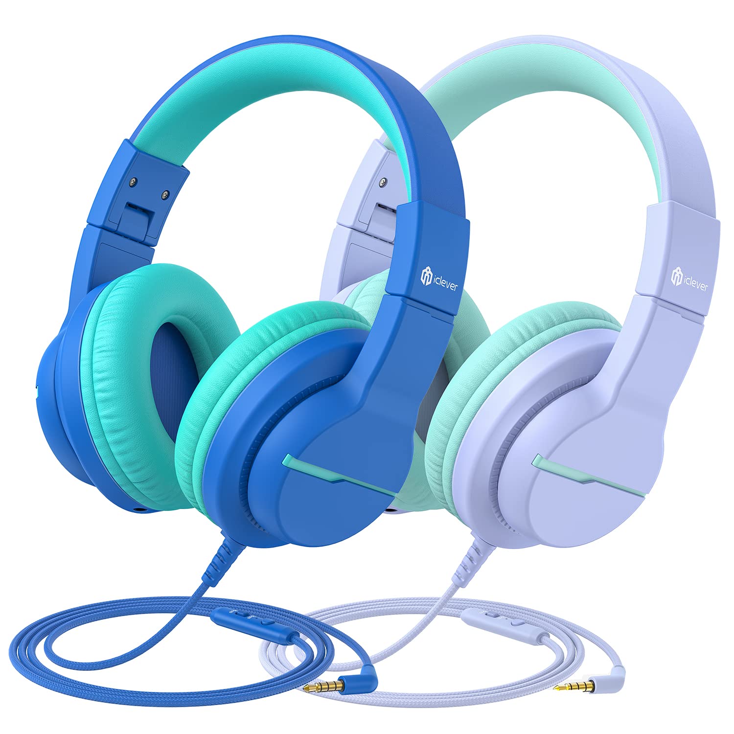 iClever Kids Headphones with Volume Limiter (74/85dB) - Stereo Over-Ear Wired Headset with Built-in Mic for School, Travel & Online Learning - Compatible with iPad, Computer, Laptop - Foldable Design (2 Pack) - Perfect for Classroom, Airplane & Homeschooling