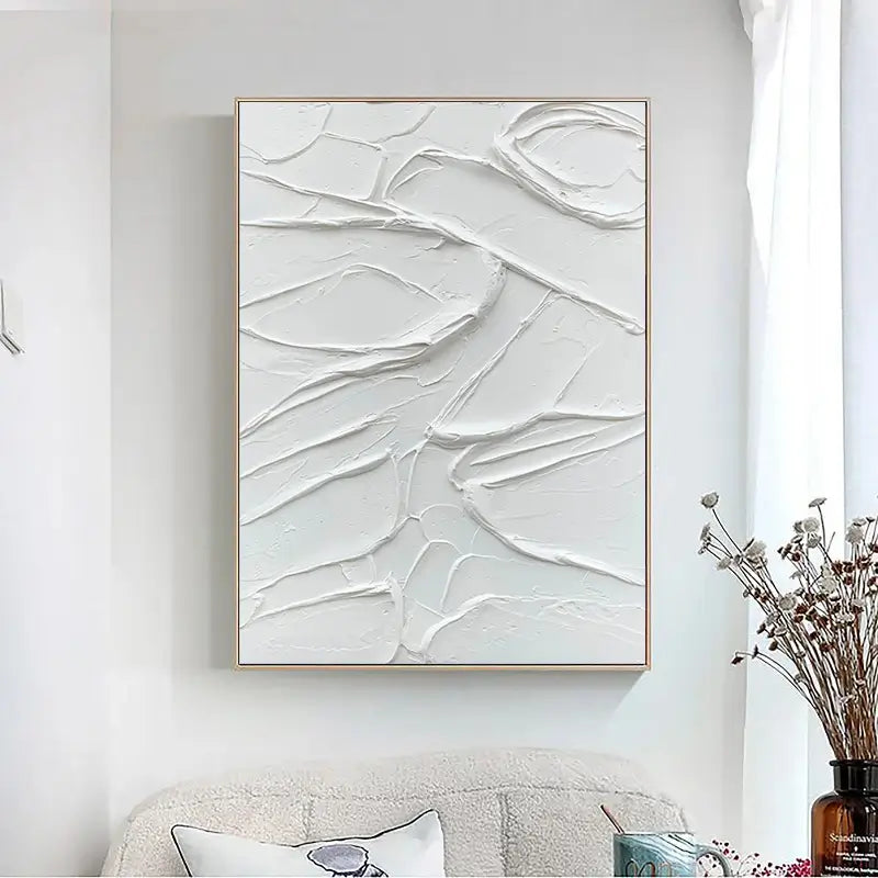 White Minimalist Textured Painting Canvas Wall Art - Modern Abstract Vertical Decor for Living Room, Bedroom & Office | #MM003