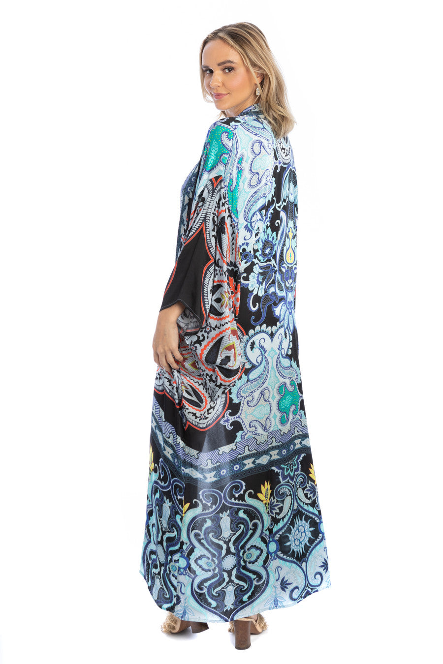 Bohemian Paisley Printed Kimono Robe - Floral Long Sleeve Cover Up for Women - Perfect for Beach, Pool, or Lounge Wear