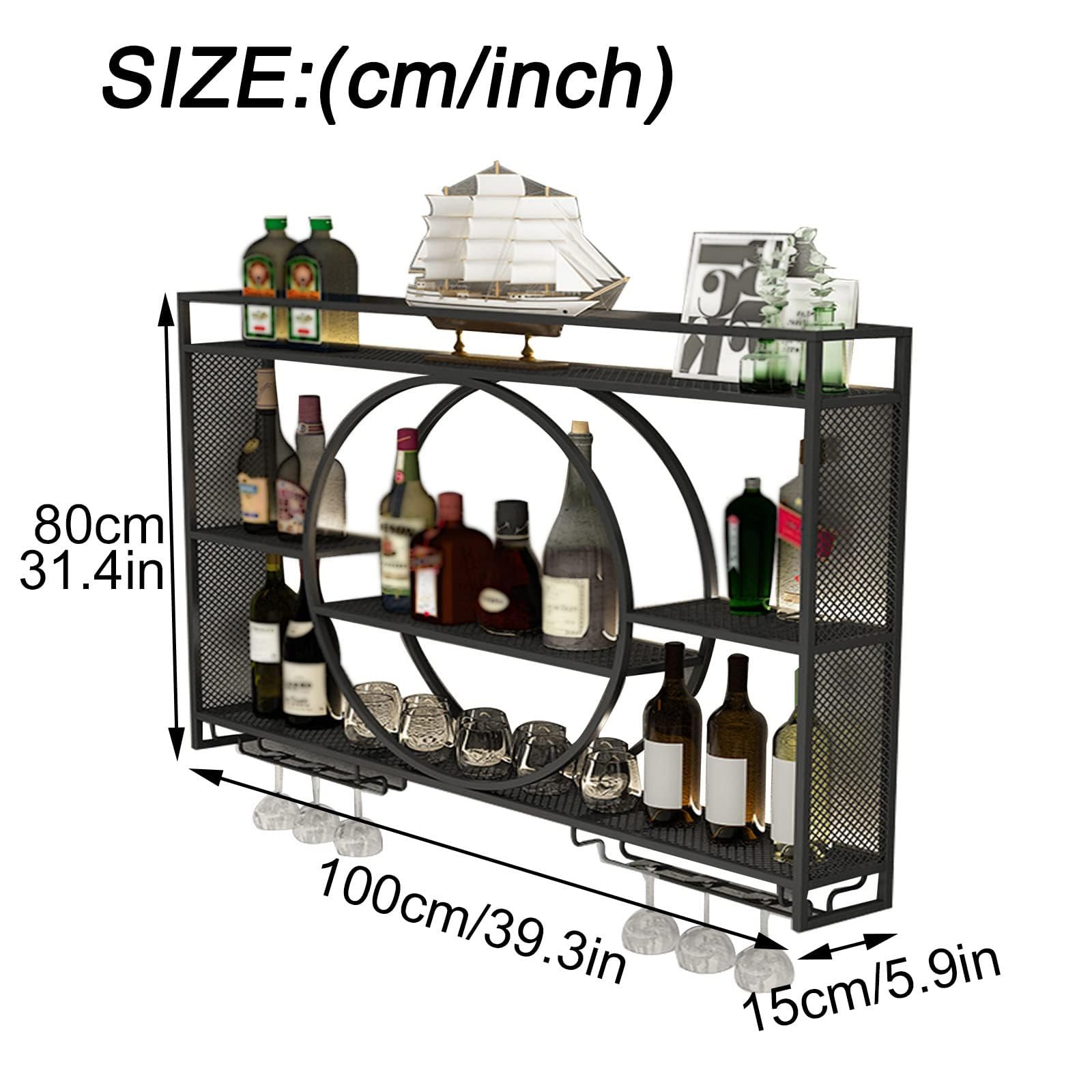 Wall Mounted Wine Rack - 3-Tier Large Capacity Metal Hanging Wine Storage Shelf with Glass Holder - Round Design for Kitchen, Living Room, Home Bar - Perfect for Entertaining Guests & Displaying Your Wine Collection (Black, 39.3 Inch/100cm)