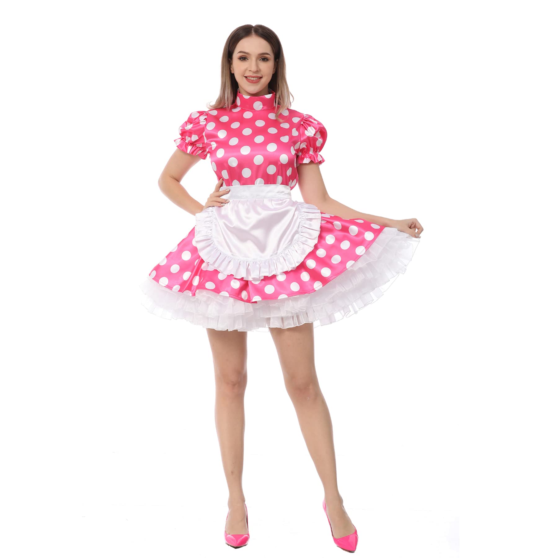 JOLINE Sissy Women's Vintage Maid Dress - Pink with White Polka Dots, Satin Puff Sleeve Costume for Cosplay, Halloween, Role Play & Themed Parties