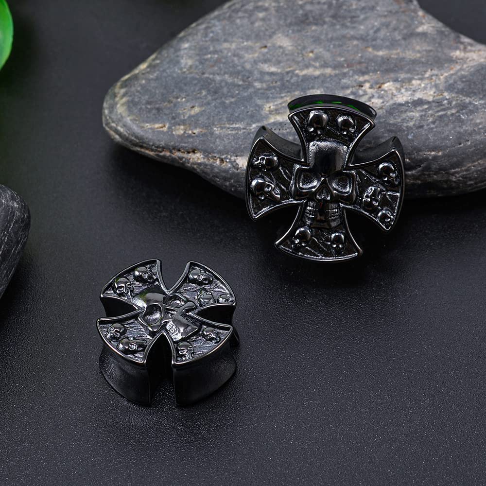 COOEAR Double Flared Ear Plugs 0G to 1 Inch - Gothic Cross & Skull Design Stretcher Tunnels for Ear Gauging - Perfect for Punk, Goth, and Alternative Fashion Lovers