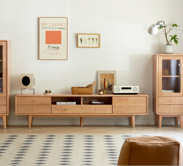 Solid Oak Wood TV Stand - Modern Entertainment Center with Storage Shelves for Living Room, Bedroom & Home Theater