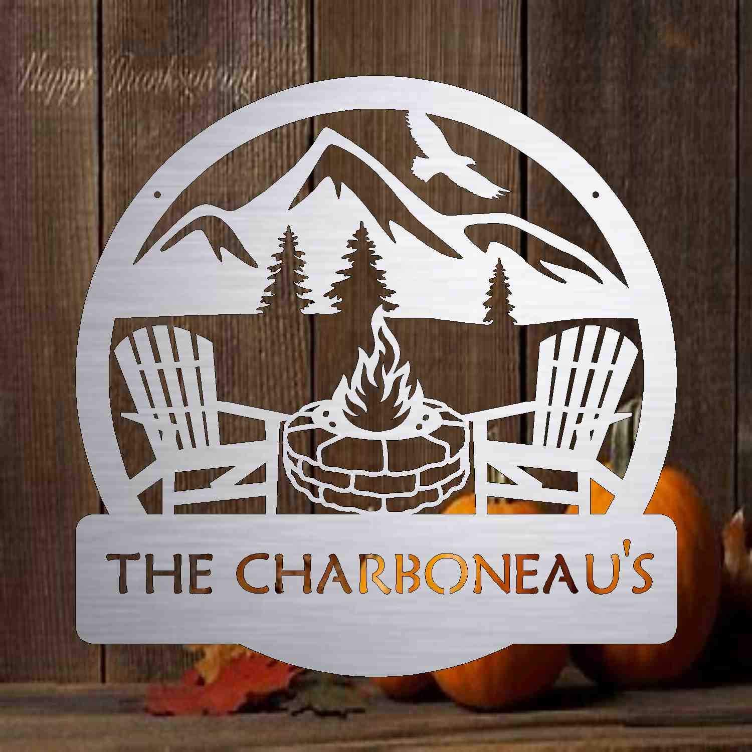 Personalized Metal Monogram Sign - Custom Stone Firepit Camping Decor - Unique Home & Patio Gift - Rustic Outdoor Art for Door, Yard & Cabin - Perfect for Camping, Backyard Parties & Cozy Evenings