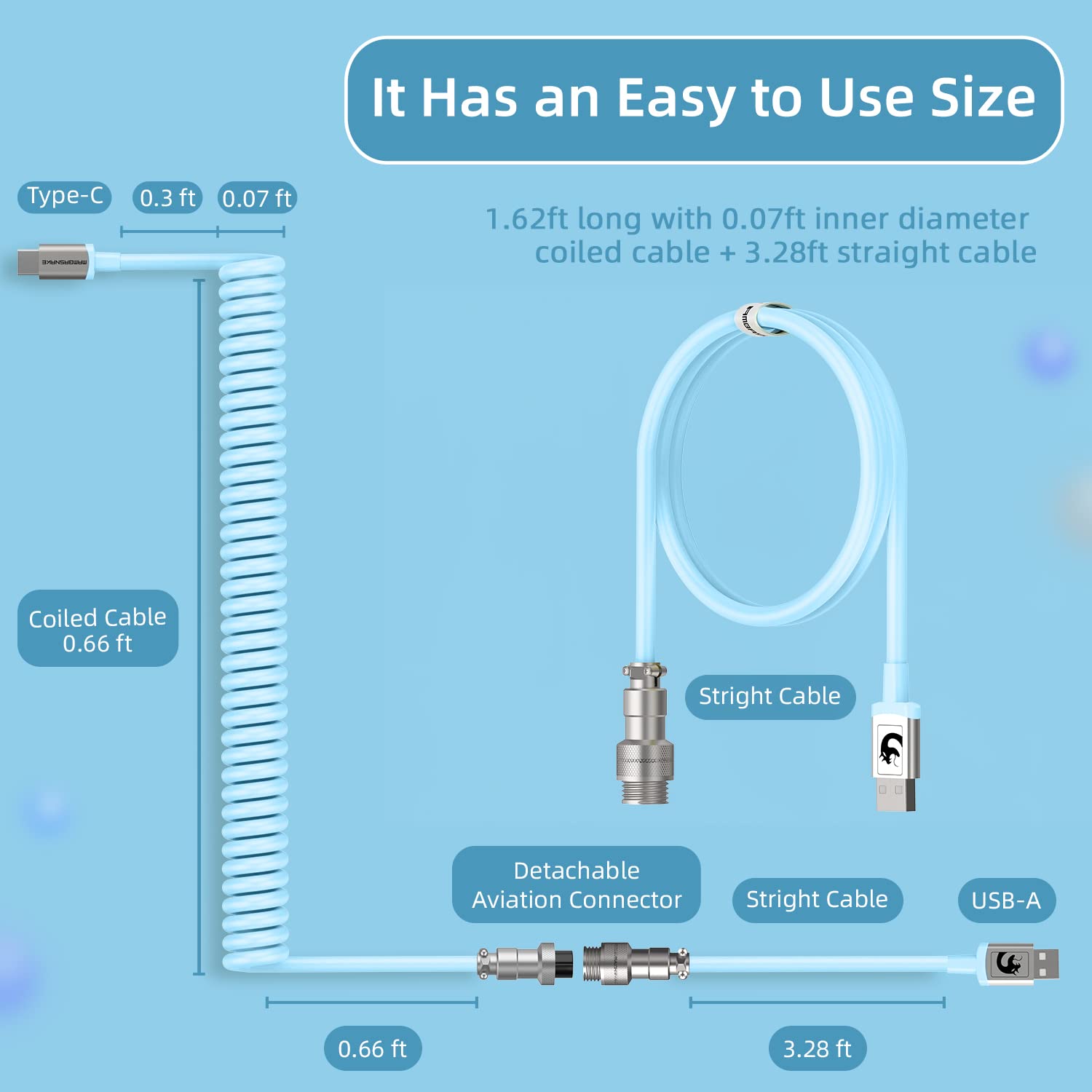 MAMBASNAKE C01 Spiral Keyboard Cable - Pro Custom Coiled USB-C to USB-A Cable for Mechanical Keyboards with Detachable Aviation Connector, TPU Braided Gaming Cable for PC Mac (Blue) - Perfect for Esports, Typing & Office Workstations