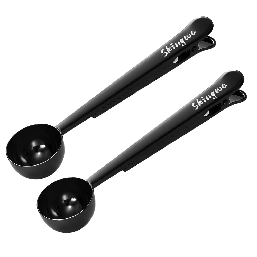 Premium Coffee Scoop with Bag Clip - 20ml Multi-Function Measuring Spoon for Coffee, Powder & Milk (2-Pack Black) - Perfect for Baristas, Home Brewing & Kitchen Storage