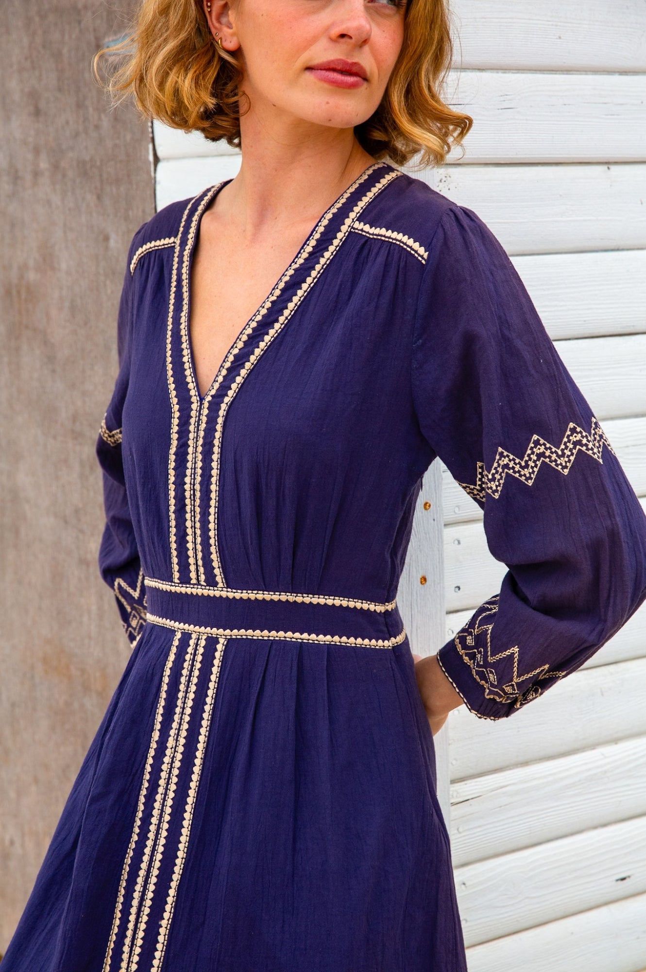 Jamila Embroidered Dress for Women - Navy Blue & Gold Floral Maxi Dress | Elegant Boho Chic Dress for Weddings, Parties & Special Occasions