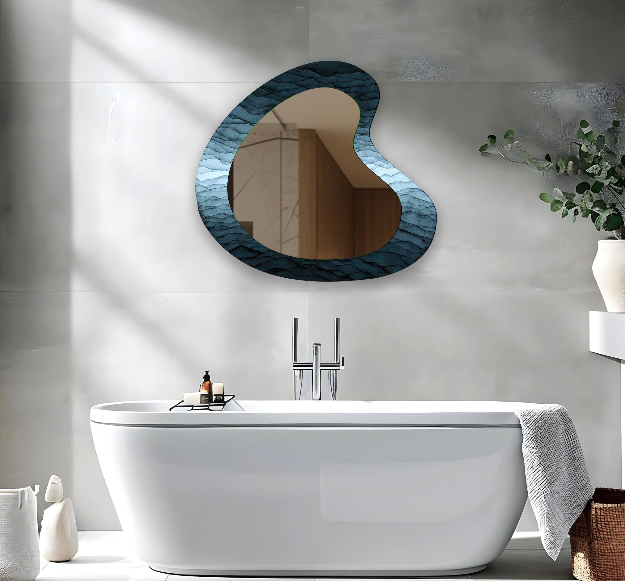 Abstract Blue Asymmetrical Wall Mirror - Modern Decorative Mirror for Living Room, Bedroom, Entryway - Unique Handmade Art Piece for Home Decor