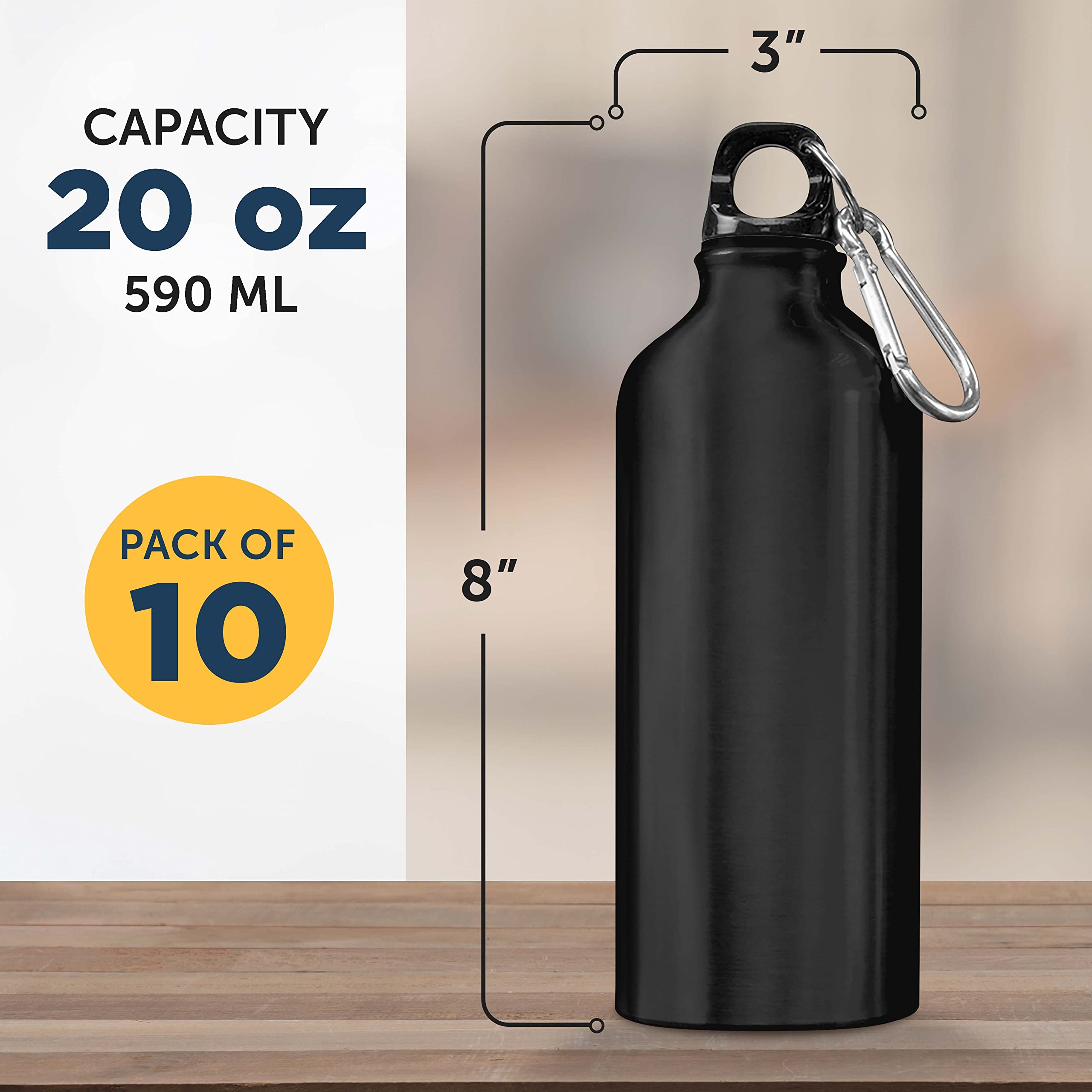 20 oz Aluminum Water Bottles Set of 10 - Bulk Pack Reusable Sports Bottles for Gym, Hiking, Camping & Outdoor Activities - BPA-Free Black Water Bottles for Fitness, Work & Travel