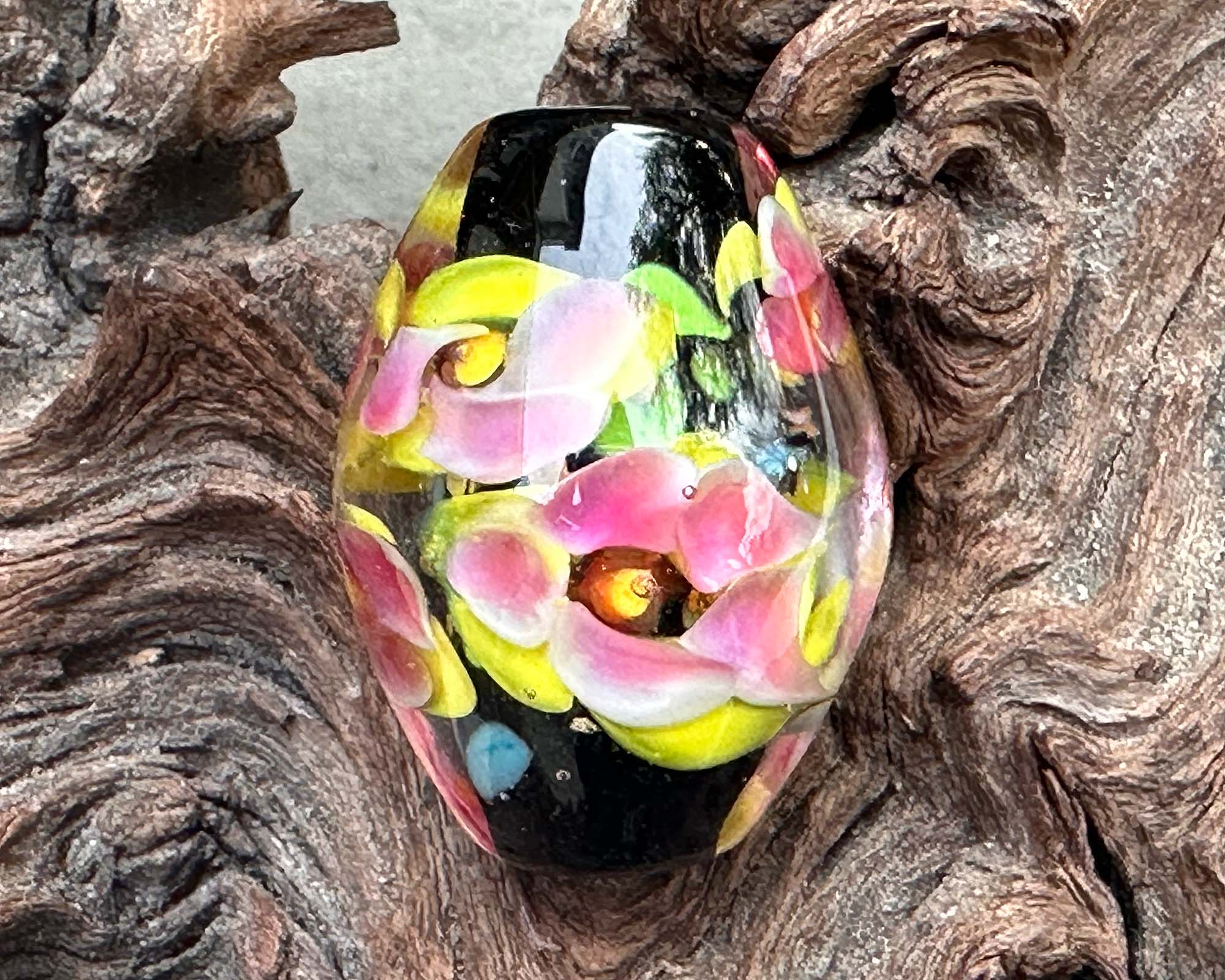 Handmade Yellow Pink Floral Lampwork Glass Focal Bead - SRA Certified Artisan Jewelry Component for Necklaces, Bracelets & DIY Crafting Projects