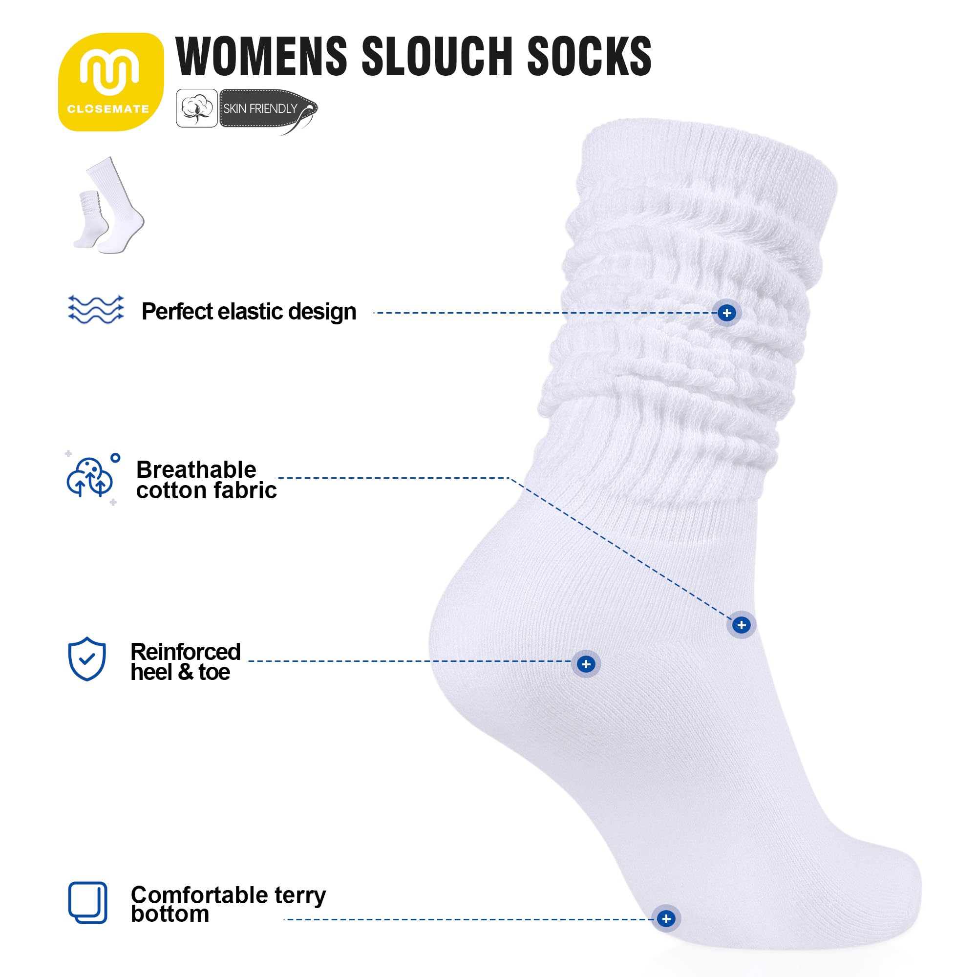 CLOSEMATE Women's Soft Cotton Slouch Crew Socks - 3 Pairs Pack for Boots, Loafers & Sneakers - Comfortable Scrunch Socks for Casual Wear, Work & Everyday Outfits