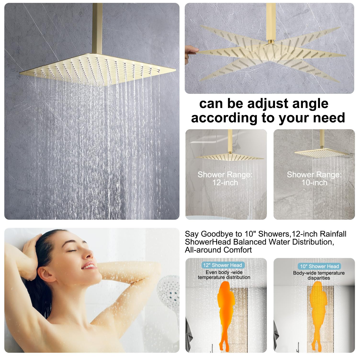 Premium Brushed Gold Rain Shower System with 12
