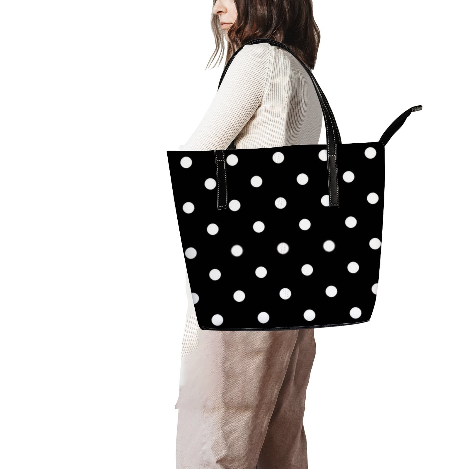 Retro Black and White Polka Dot Leather Tote Bag for Women - Stylish Crossbody & Work Handbag with Zipper | Perfect for Office, Travel & Everyday Use