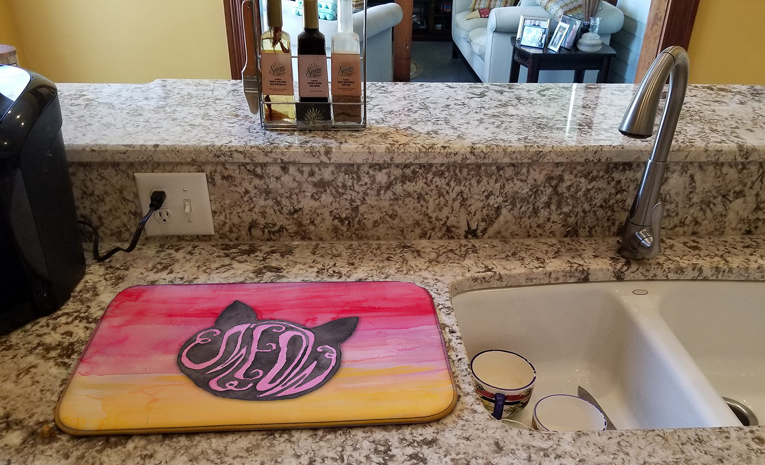 Cat Face Watercolor Dish Drying Mat - Absorbent Kitchen Counter Pad for Dishes, 14x21
