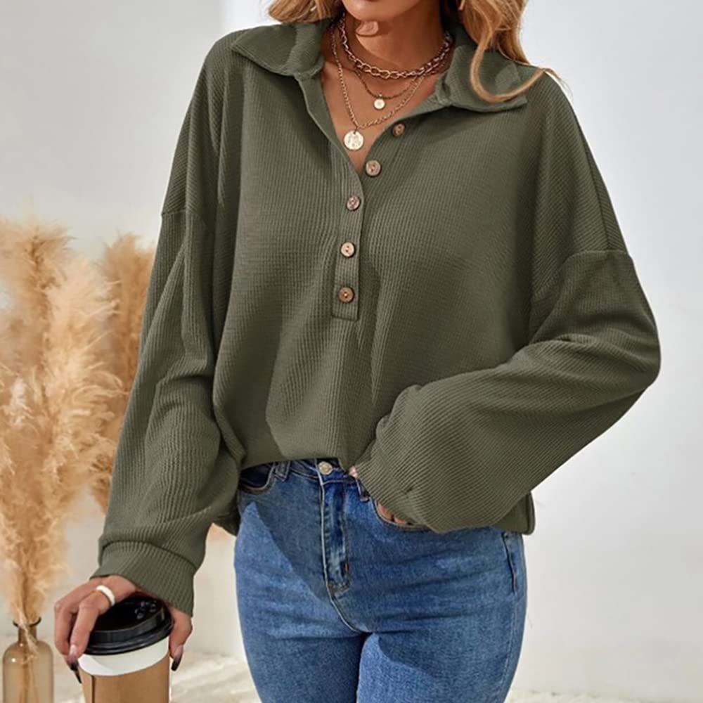 Mayntop Women's Pullover Sweater - Waffle Knit, Solid Color, Half Button, Batwing Sleeve, Turndown Collar, Loose Fit | Casual Wear, Office Outfits, Fall & Winter Fashion
