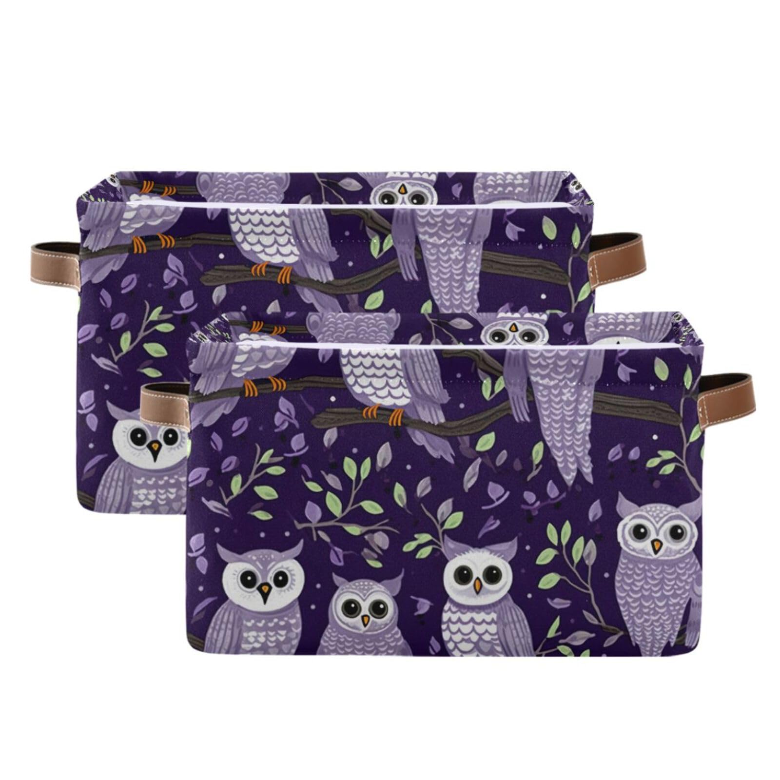 Foldable Canvas Storage Baskets with Handles - 2 Pack Rectangle Fabric Organizer Box for Home, Office & Closet - Perfect for Clothes, Toys & Home Decor Organization | Space-Saving Owl Design