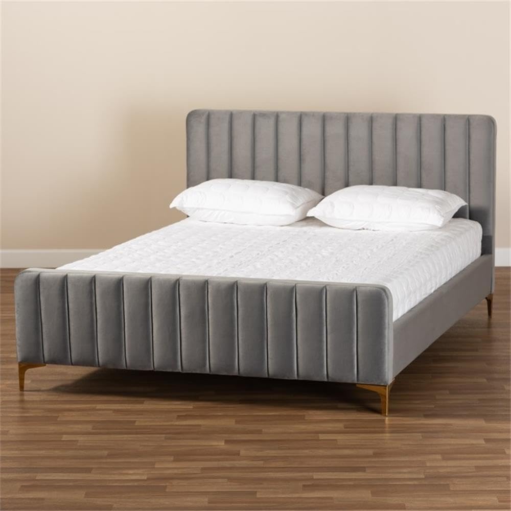 BOWERY HILL Grey Fabric Upholstered Queen Size Platform Bed with Gold Finish - Modern Bedroom Furniture for Small Spaces & Guest Rooms
