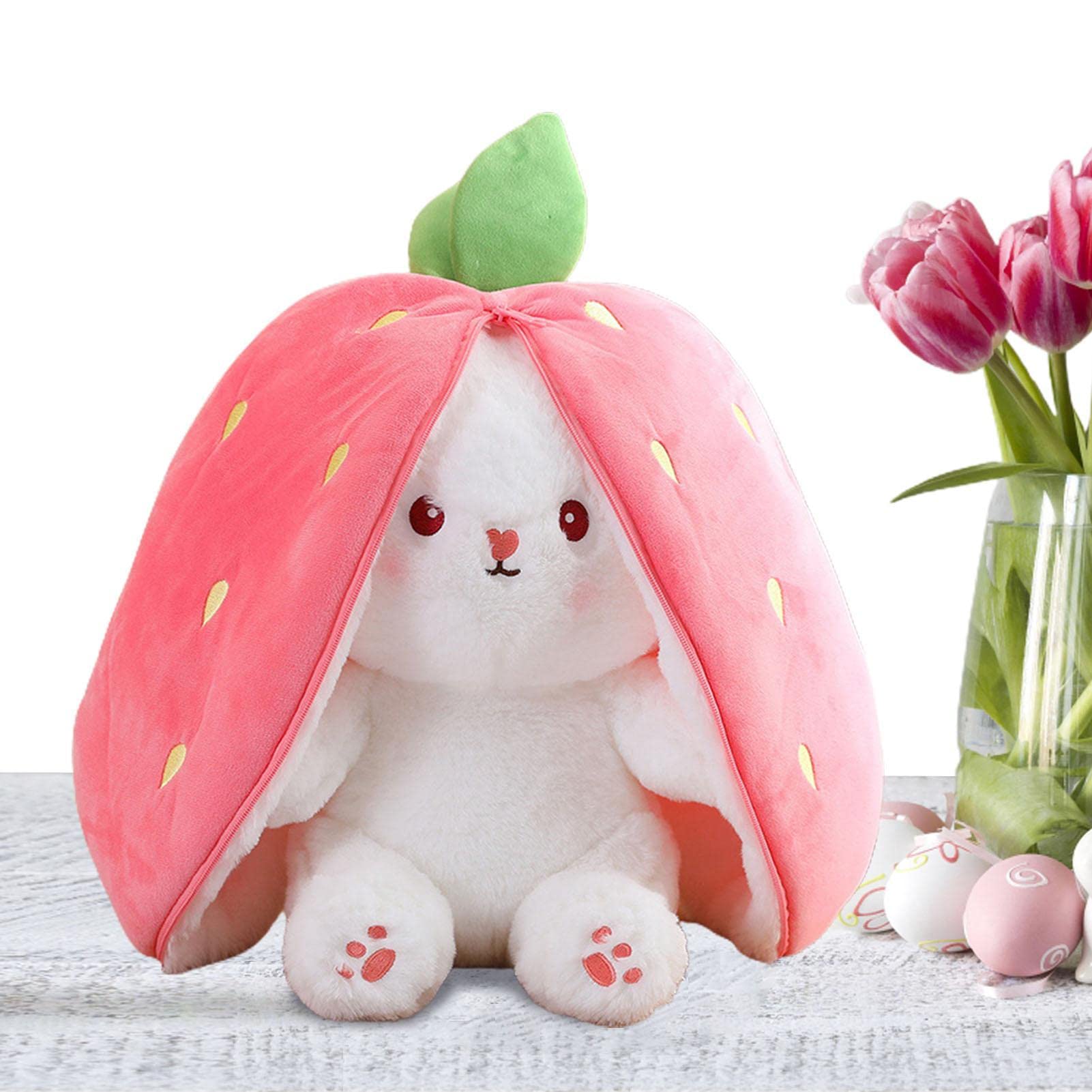 Luckxing Rabbit Hide and Seek Plush Toy - Soft Easter Bunny Stuffed Animal Wrapped in Carrot or Strawberry - Cute Birthday Gift for Kids & Easter Decorations - Perfect for Easter Basket Stuffers, Nursery Decor, and Children's Gifts