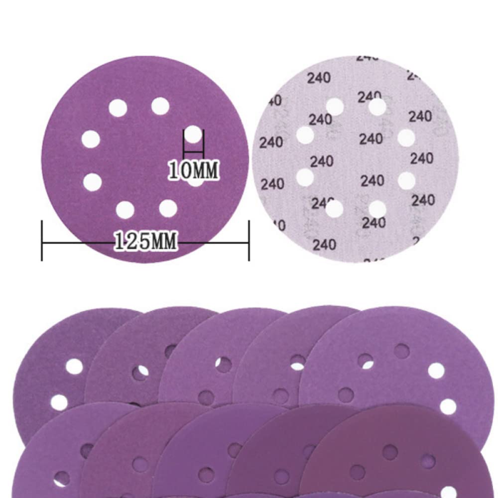 100Pcs 125mm (5 Inch) Wet & Dry Sandpaper Discs with 8 Holes - 60 to 10000 Grit for Wood, Metal & Auto Polishing - Purple Sanding Pads for Orbital Sanders & DIY Projects