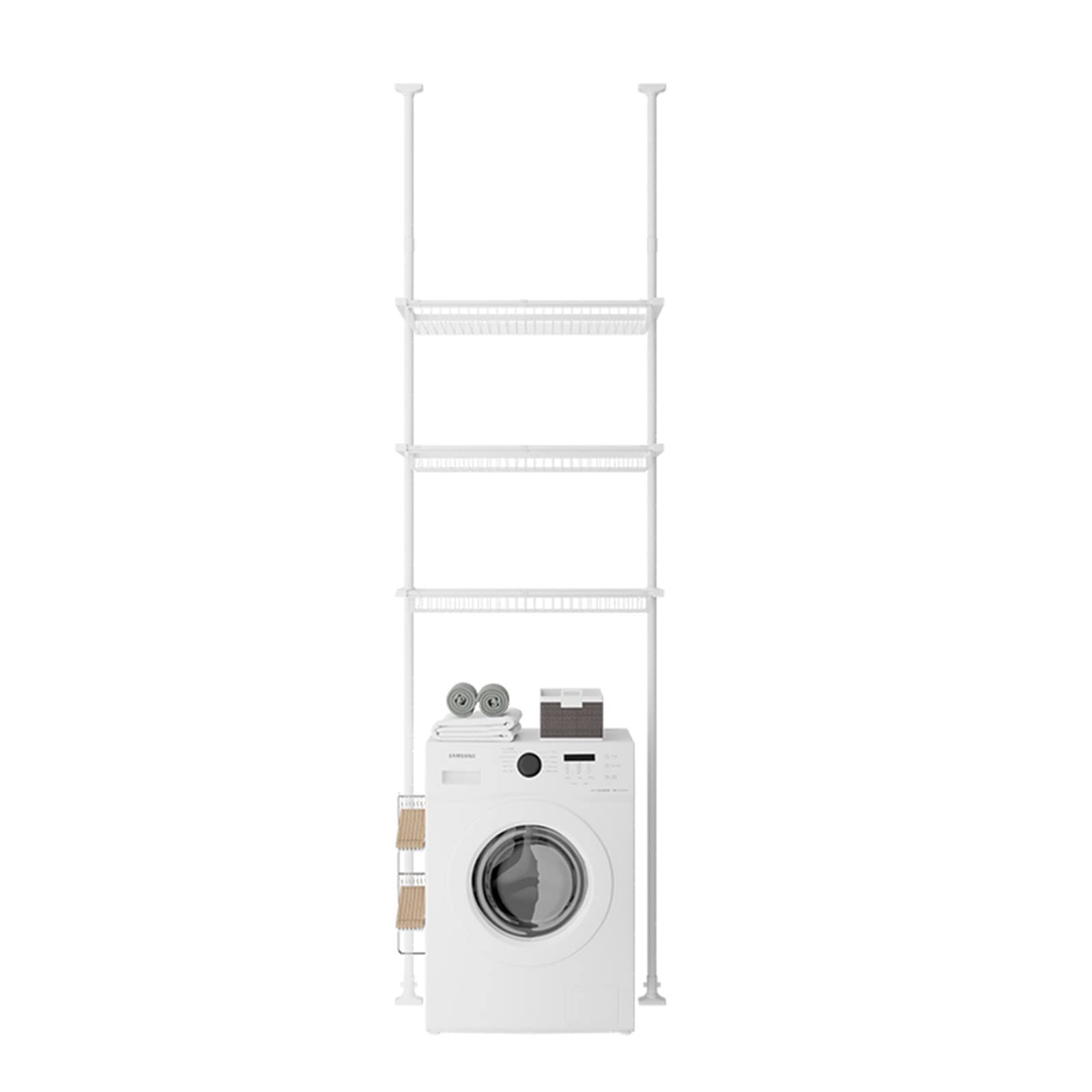 3 Tier Adjustable Bathroom Organizer - Over The Washing Machine Storage Rack with Double Tension Pole, Space Saving Laundry Shelf for Small Rooms (White) - Perfect for Bathroom, Laundry Room, Balcony & Closet Organization