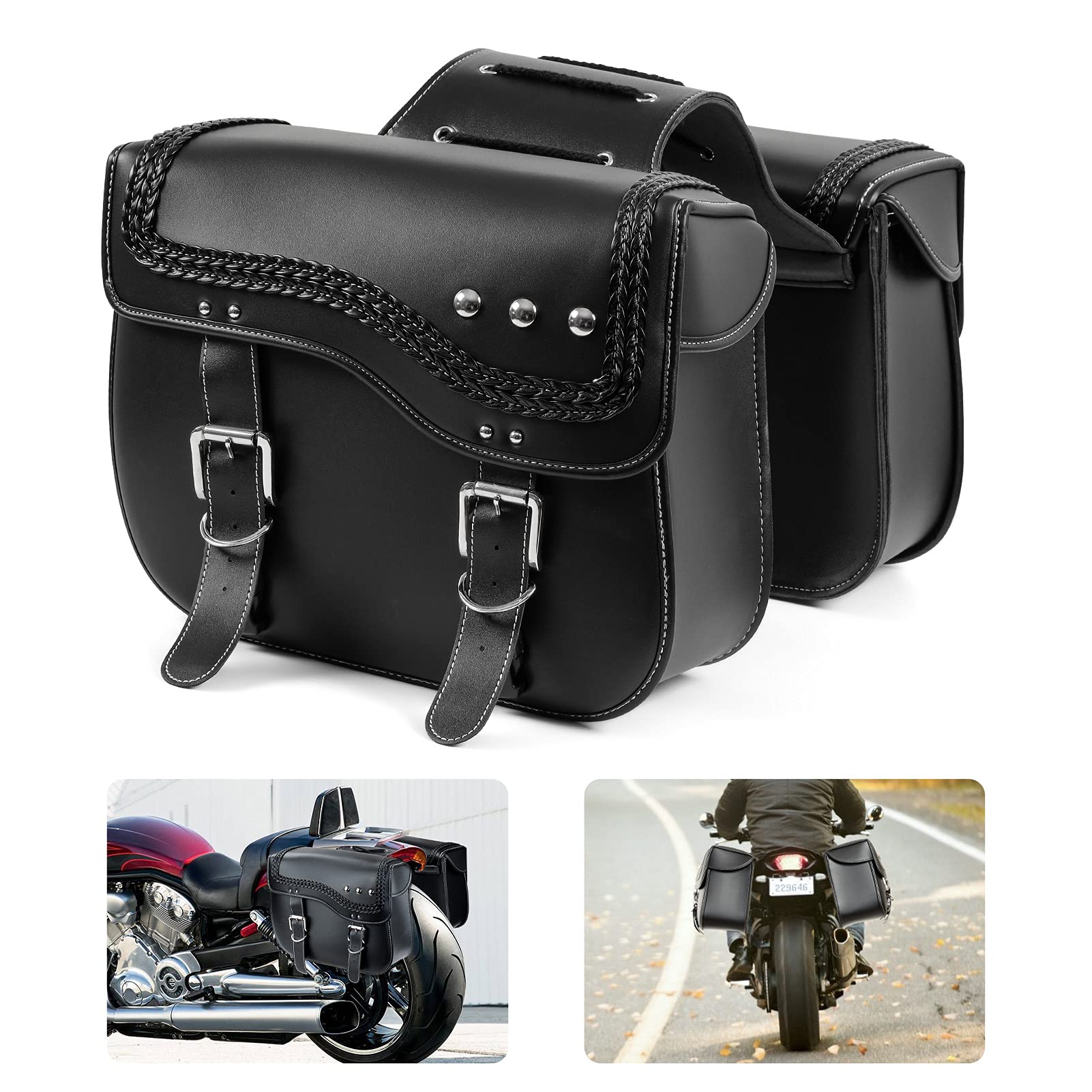 Premium Synthetic Leather Motorcycle Saddlebags - Universal Waterproof Side Bags for Harley Sportster, Vulcan, Shadow, Softail, Dyna & V-Star - Durable Storage Tool Bag (Black, Style A) - Perfect for Long Rides, Road Trips & Daily Commuting