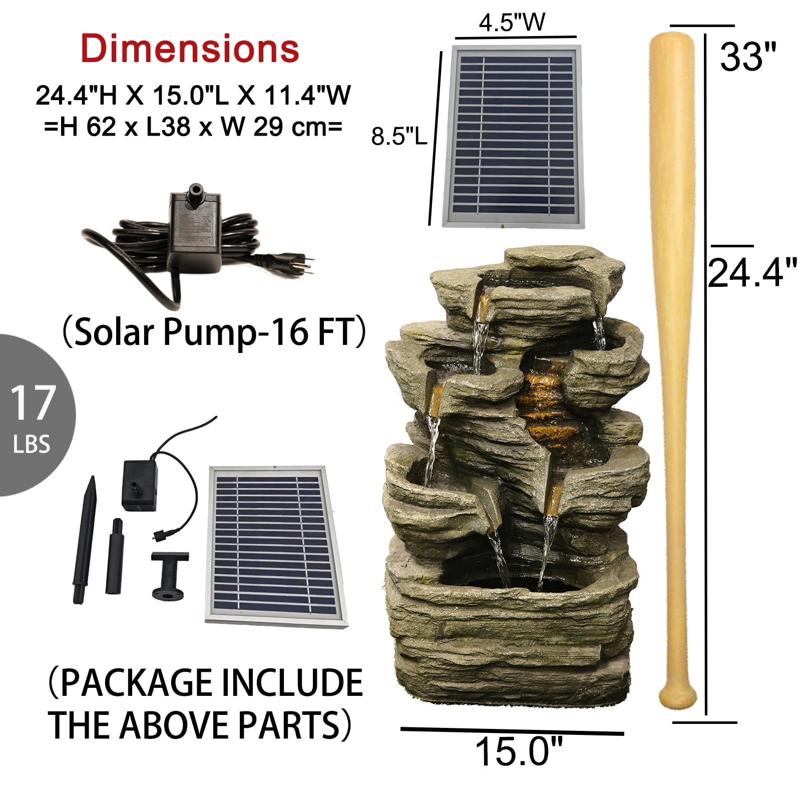 6 Tier Solar Powered Cascading Rock Water Fountain with LED Lights - 24.4