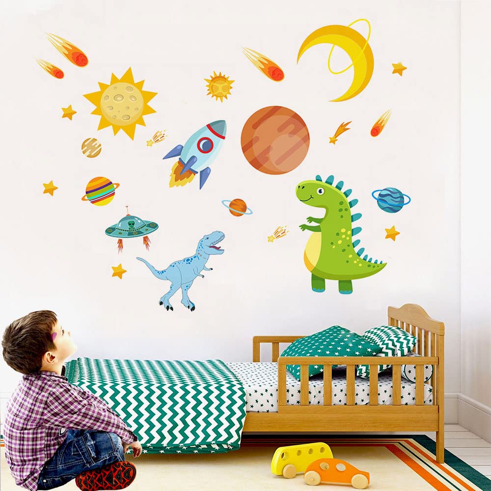 Dinosaur Outer Space Wall Decals - Dino Rocket Spaceship Wall Stickers for Kids Room, Nursery & Classroom Decor | Solar System & Animal Planet Theme | Perfect for Bedroom, Playroom & Learning Spaces