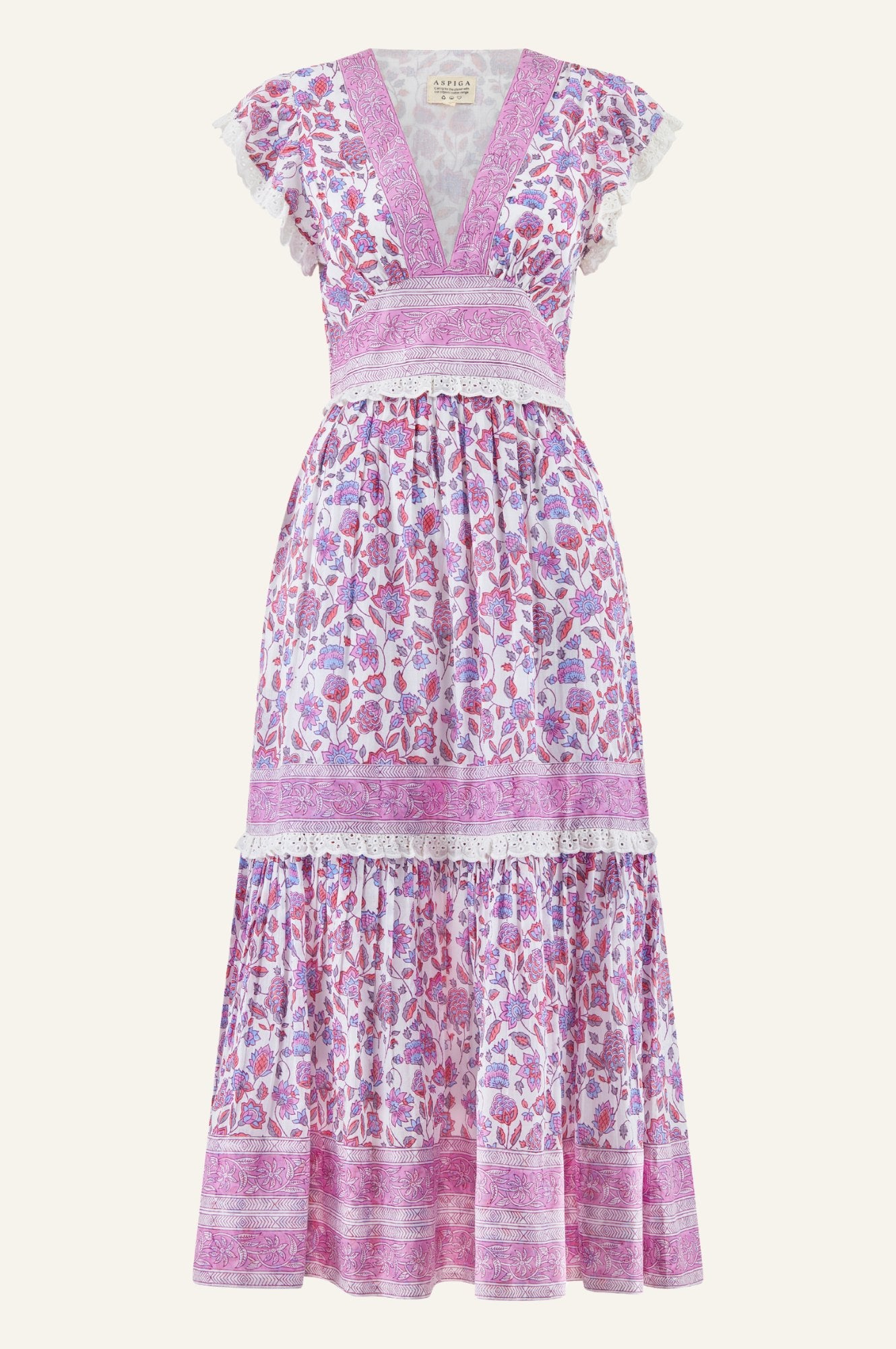 Pippa Block Print Dress | Garden Jaal Pink/White Floral Cotton Maxi Dress for Women | Perfect for Summer Vacations, Beach Outings & Boho Parties