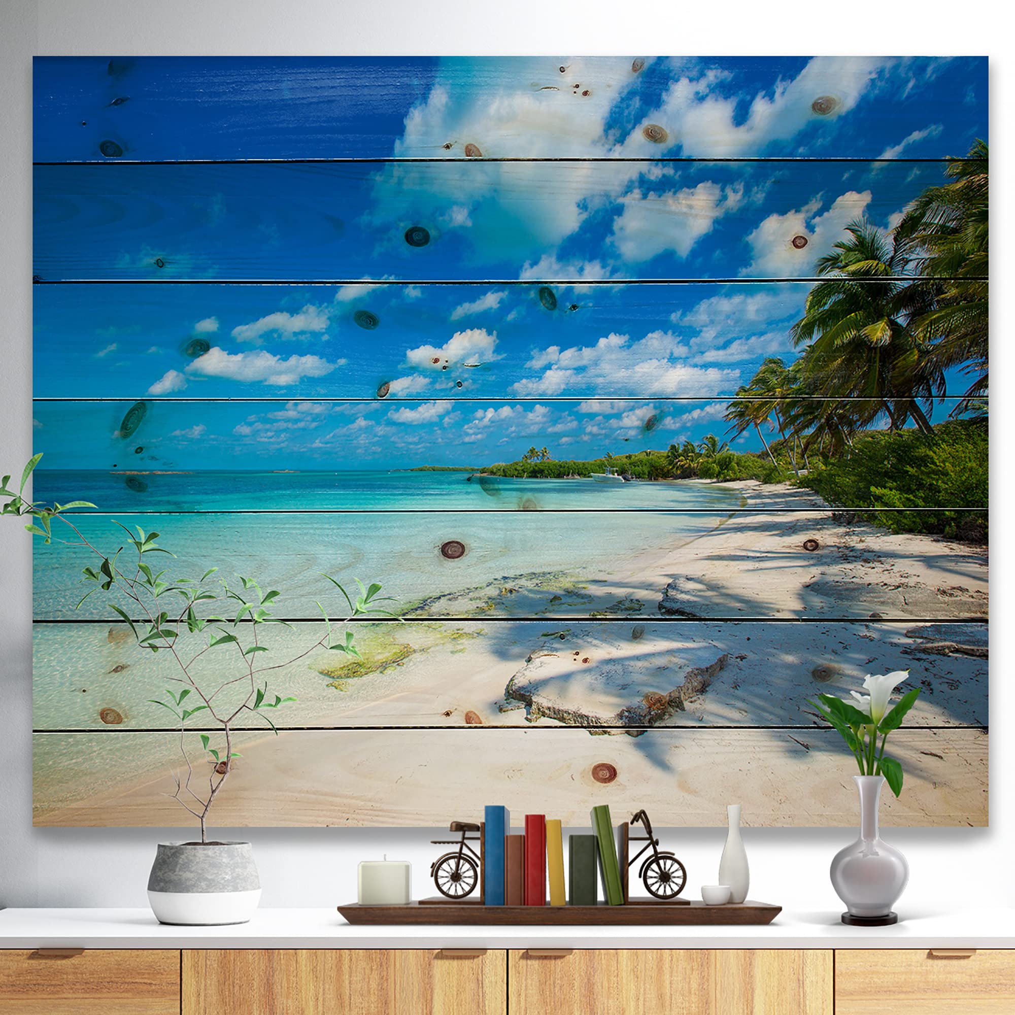 Tropical Beach Wood Wall Art - Coastal & Nautical Decor with Palm Shadows, Blue Wooden Wall Panels Printed on Natural Pine - Perfect for Beach House, Living Room, or Office Decor