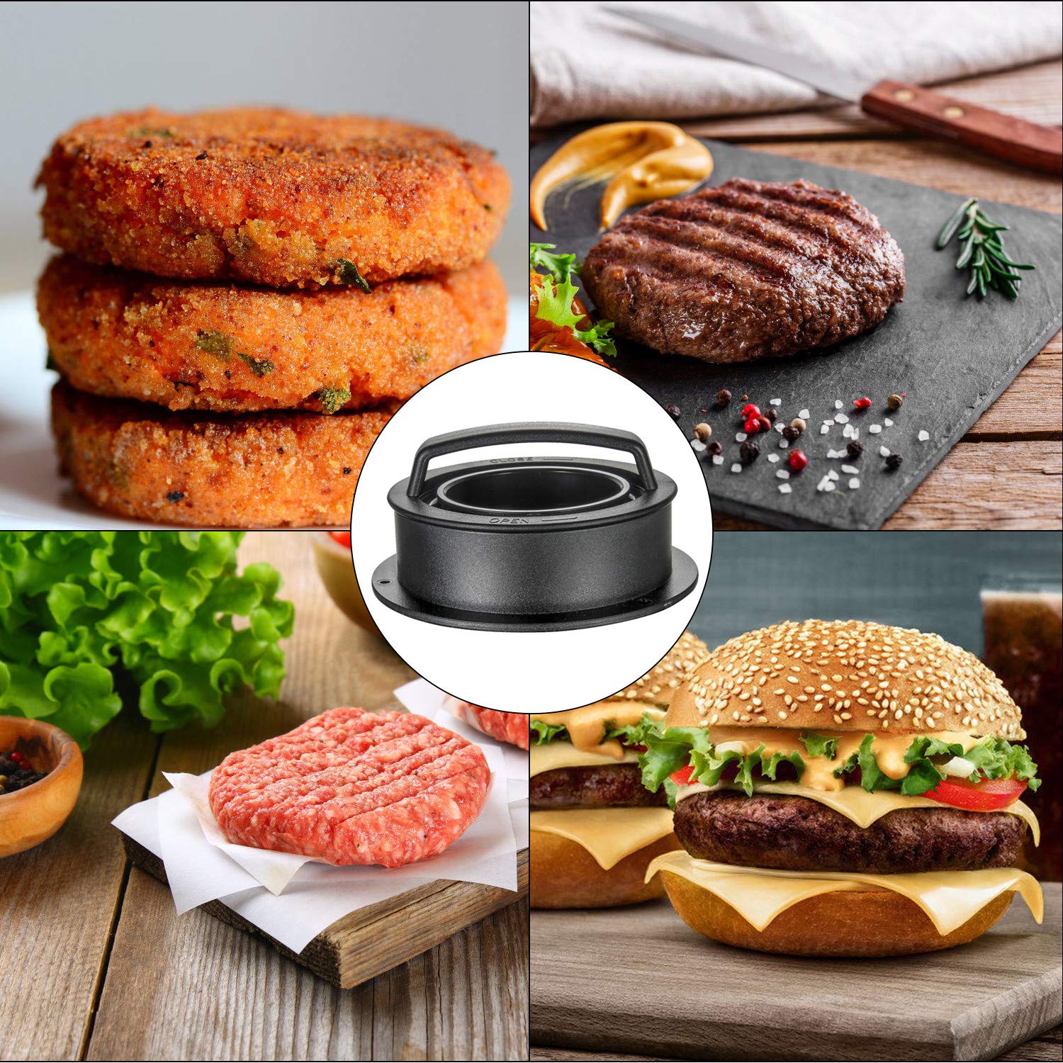 3-in-1 Non-Stick Hamburger Patty Press Maker with 100 Wax Papers - Perfect Burger Shaper for Grilling, BBQ, and Home Cooking - Ideal for Backyard Parties, Camping, and Family Gatherings