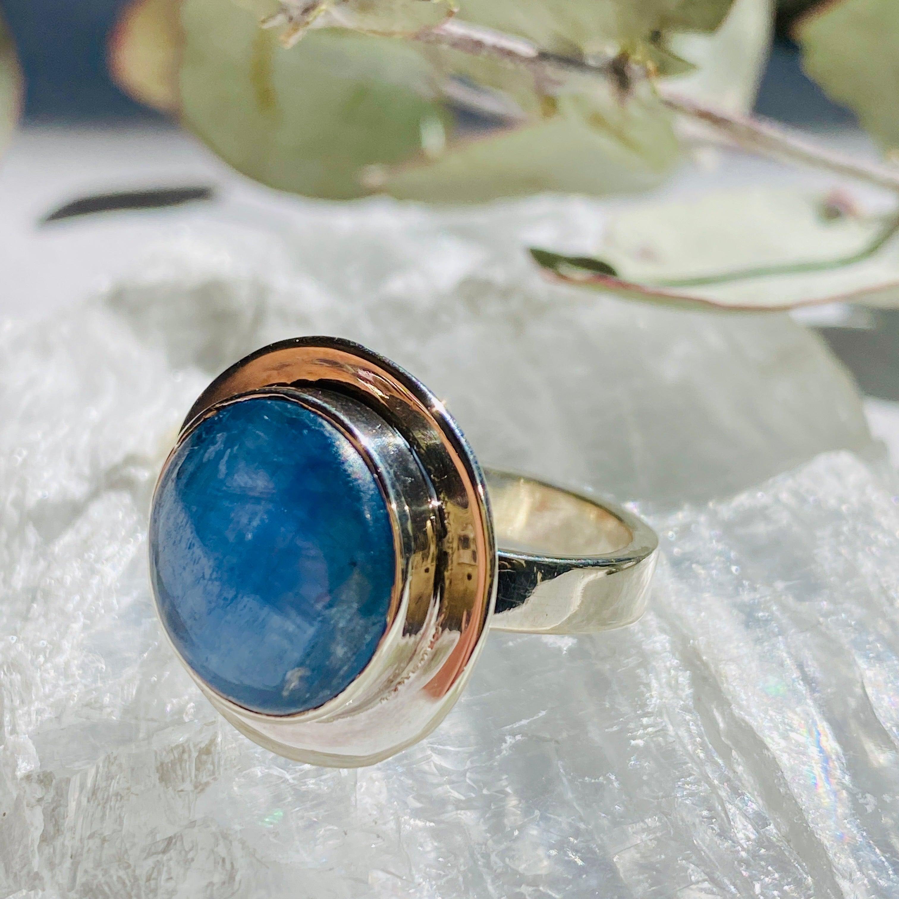Natural Kyanite Round Cabochon Ring Size 8 - Handmade Sterling Silver Jewelry for Women, Perfect for Everyday Wear & Special Occasions