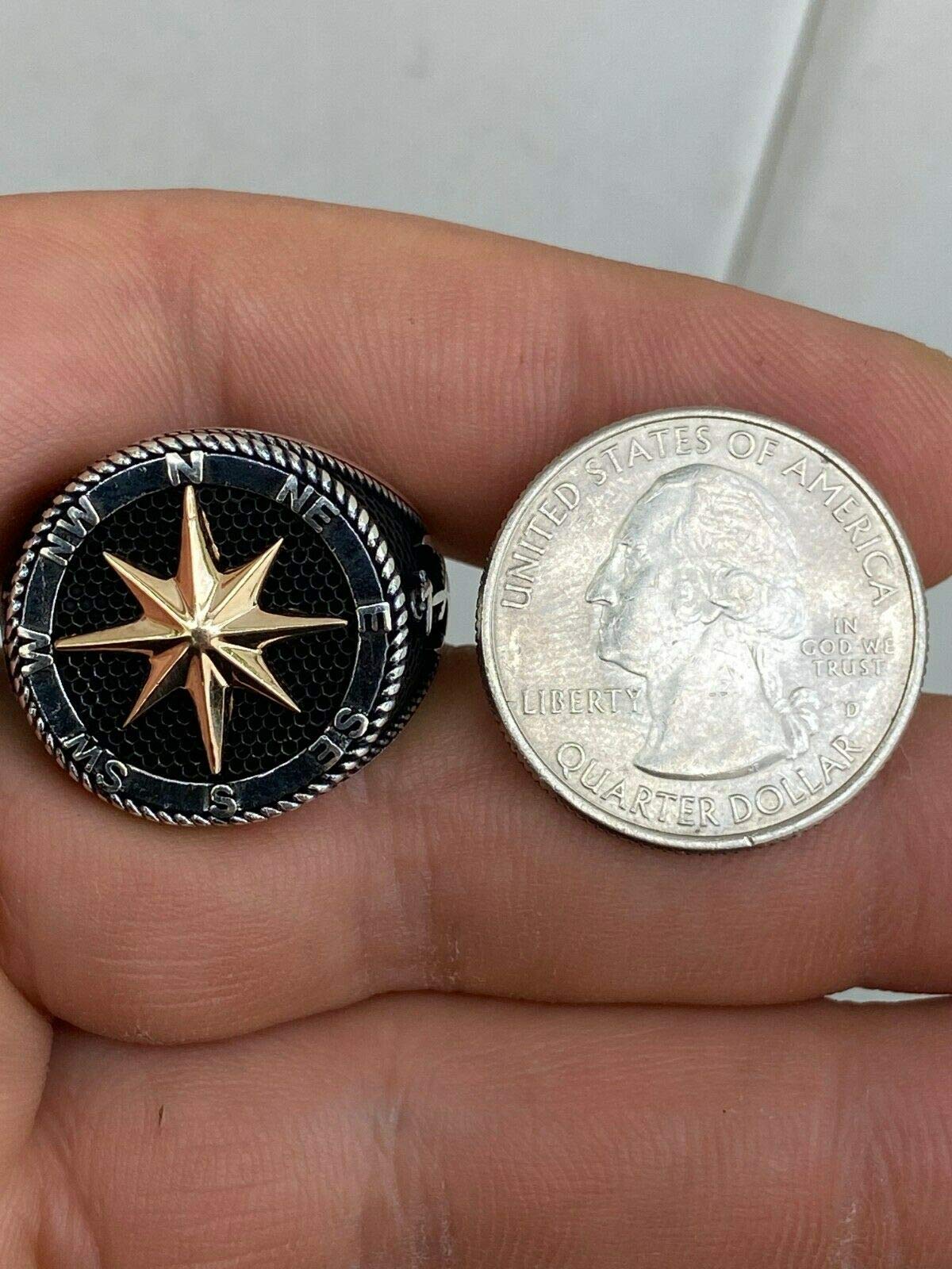 HarlemBling Solid 925 Sterling Silver & 10k Yellow Gold Men's Compass Ring - Nautical Anchor Jewelry for Men - Size 7-13 - Perfect for Gifts, Travel & Outdoor Adventures