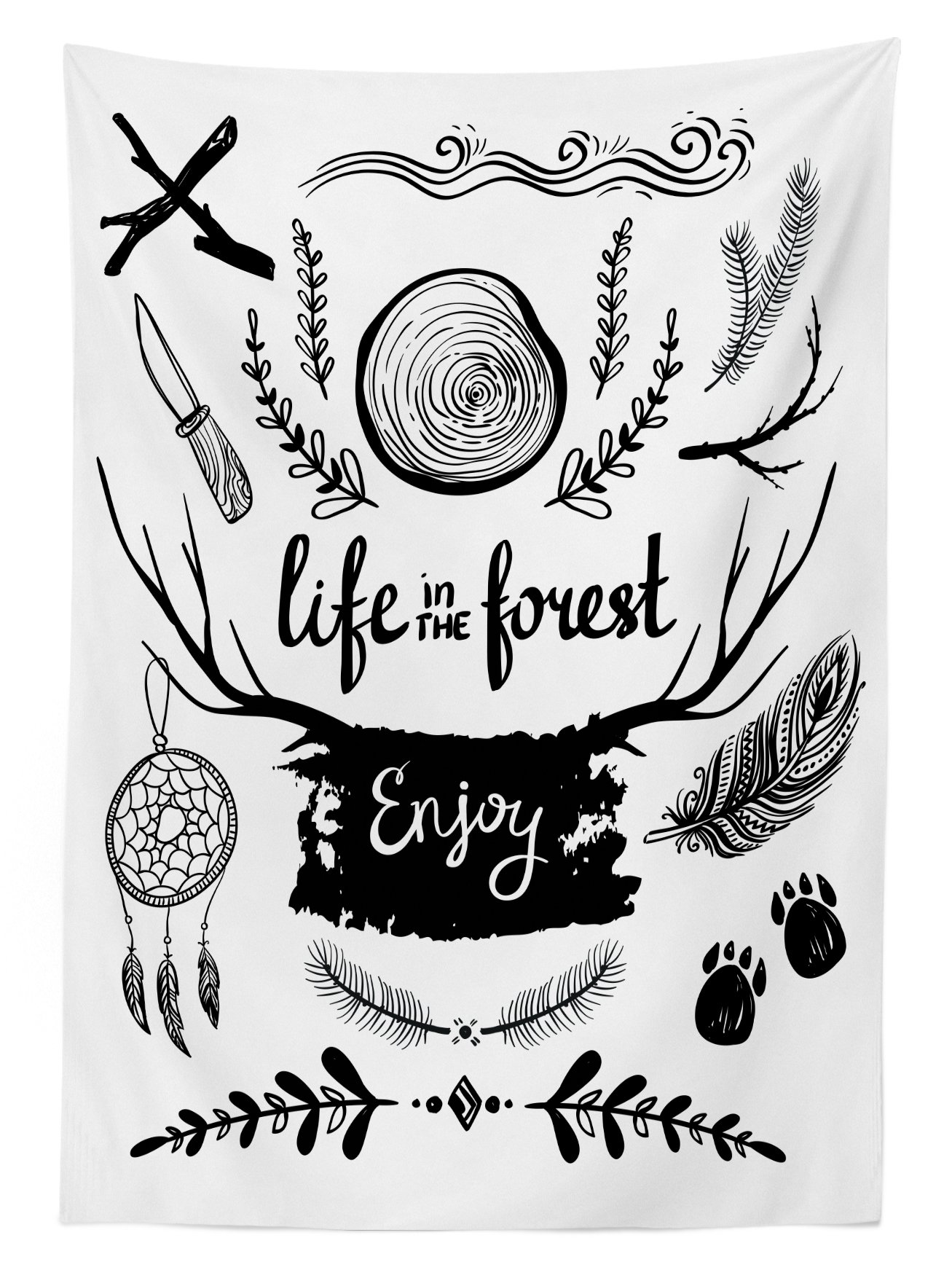 Ambesonne Adventure Outdoor Tablecloth - Forest Theme with Boho Details, Antlers, Tree Branches & Feathers - Washable Picnic Table Cover 58