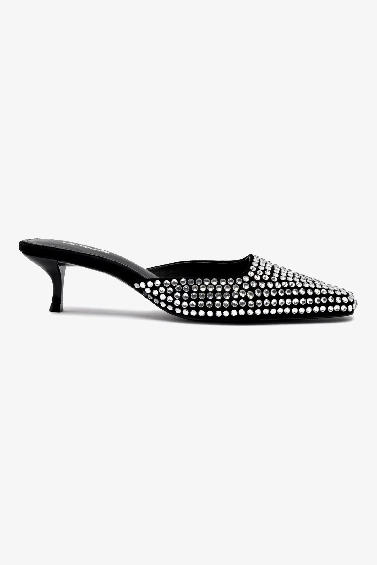 Amal Crystal Mule Shoes - Black Suede Slip-On Heels for Women | Elegant Party & Evening Wear | Comfortable Dress Shoes for Weddings, Date Nights & Special Occasions